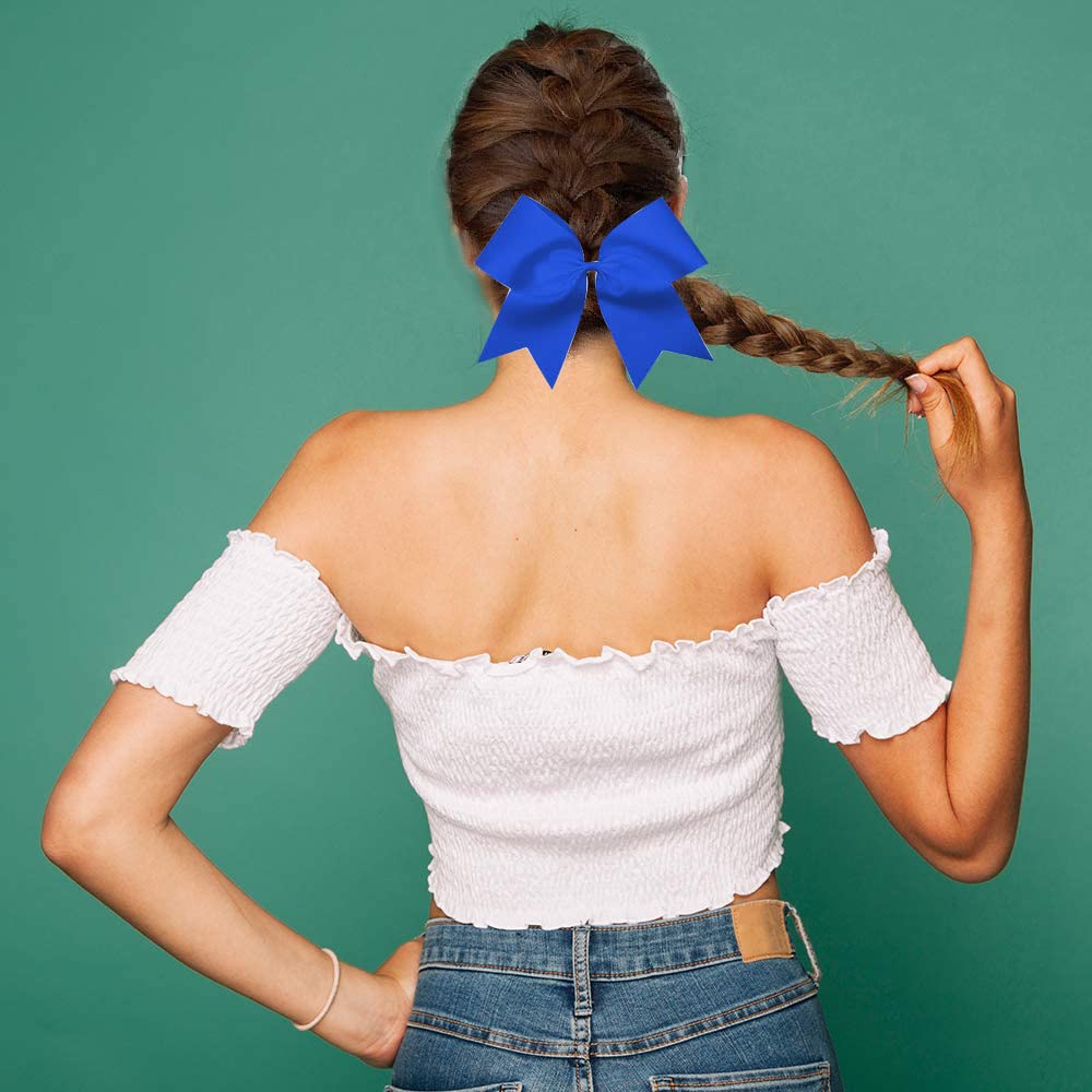 Oaoleer 21Pcs 8'' Large Cheer Bows Royal Blue Bows Jumbo Cheerleader Bow With Ponytail Holder Elastic Band Handmade For Cheerlea