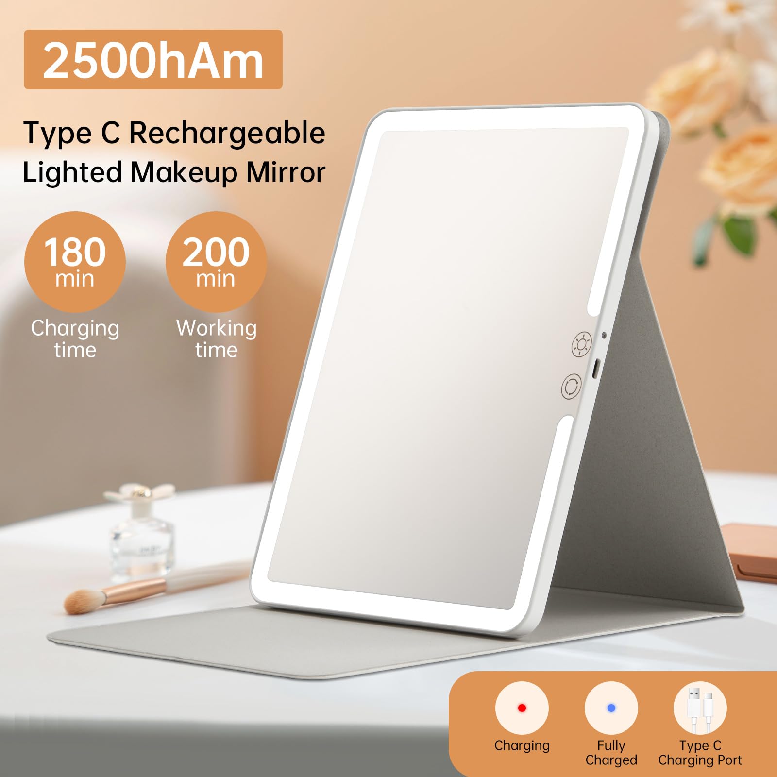 Funtouch 2500Mah Large Rechargeable Travel Makeup Mirror With Light, Portable Makeup Mirror With 10X Magnifying Mirror, 3 Lighti