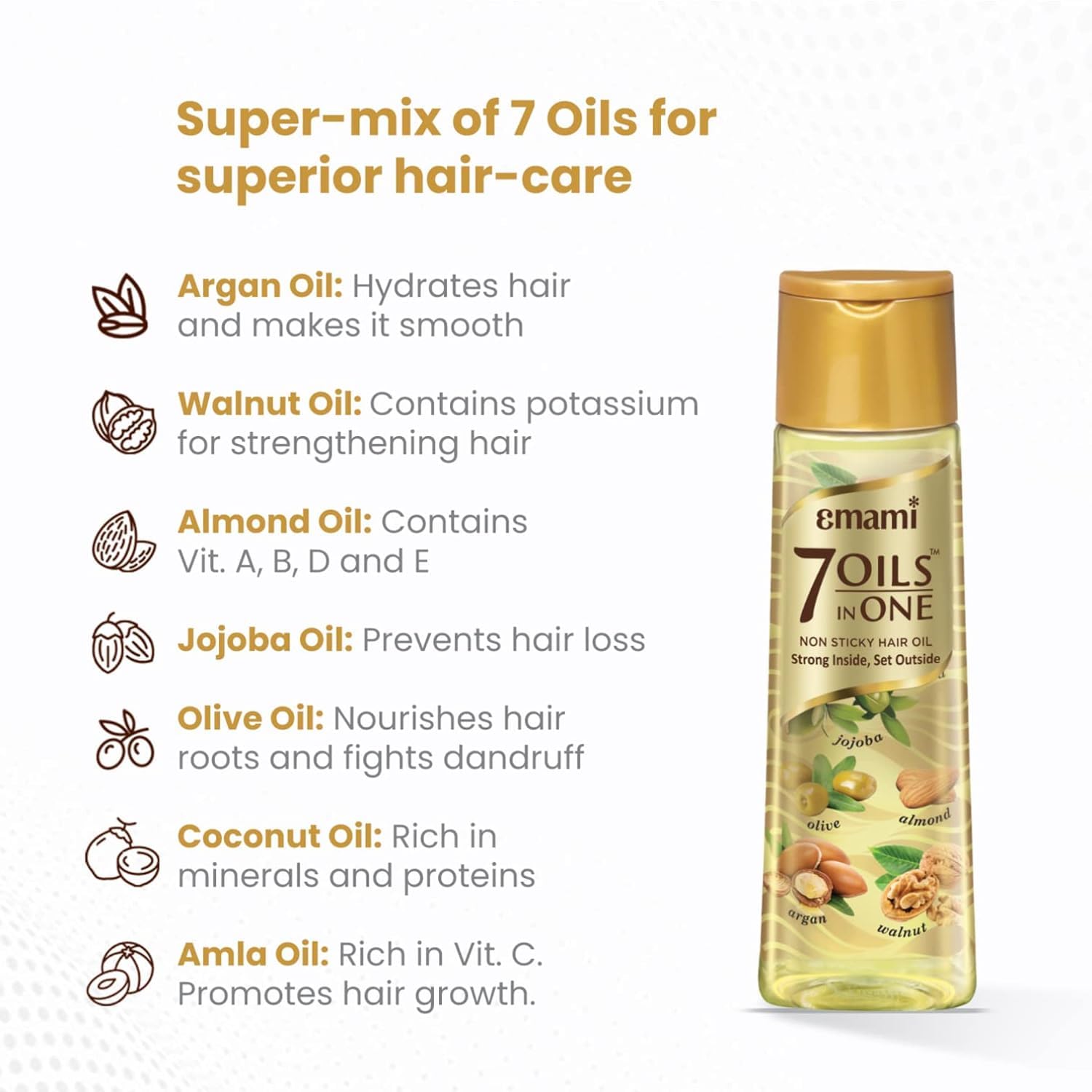 Emami 7-In-1 Hair Oil | With Natural Ayurvedic Herbs | Repairs Hair Damage | Nourishes Scalp | Fights Dandruff | Provides Strong