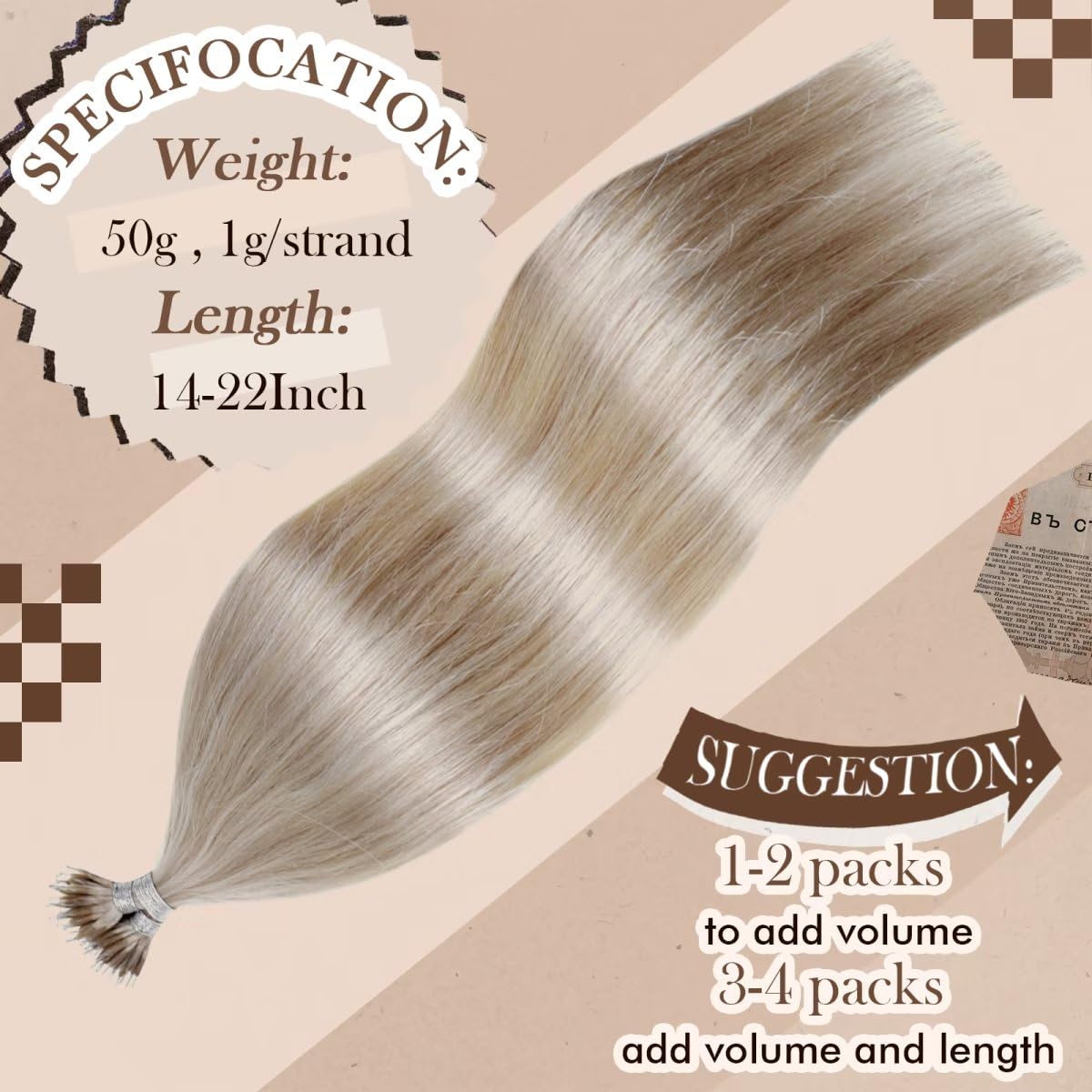 Hetto 22 Inch Nano Link Hair Extensions Human Hair #18 Dark Ash Blonde Highlighted #613 Bleach Blonde Nano Beads Human Hair Exte