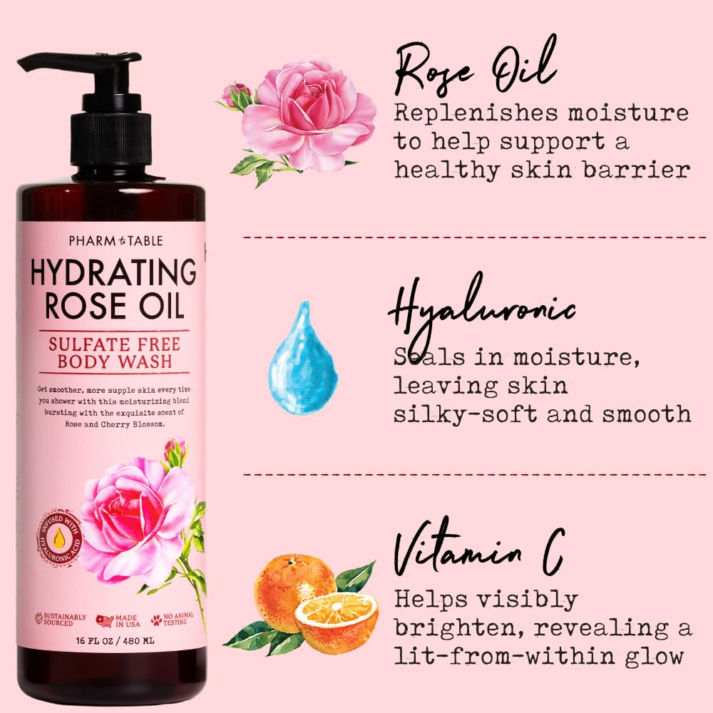 Pharm To Table Hydrating Rose Oil Body Wash For Women And Men - Hydrates And Brightens The Skin, Sulfate Free, 100% Cruelty Free