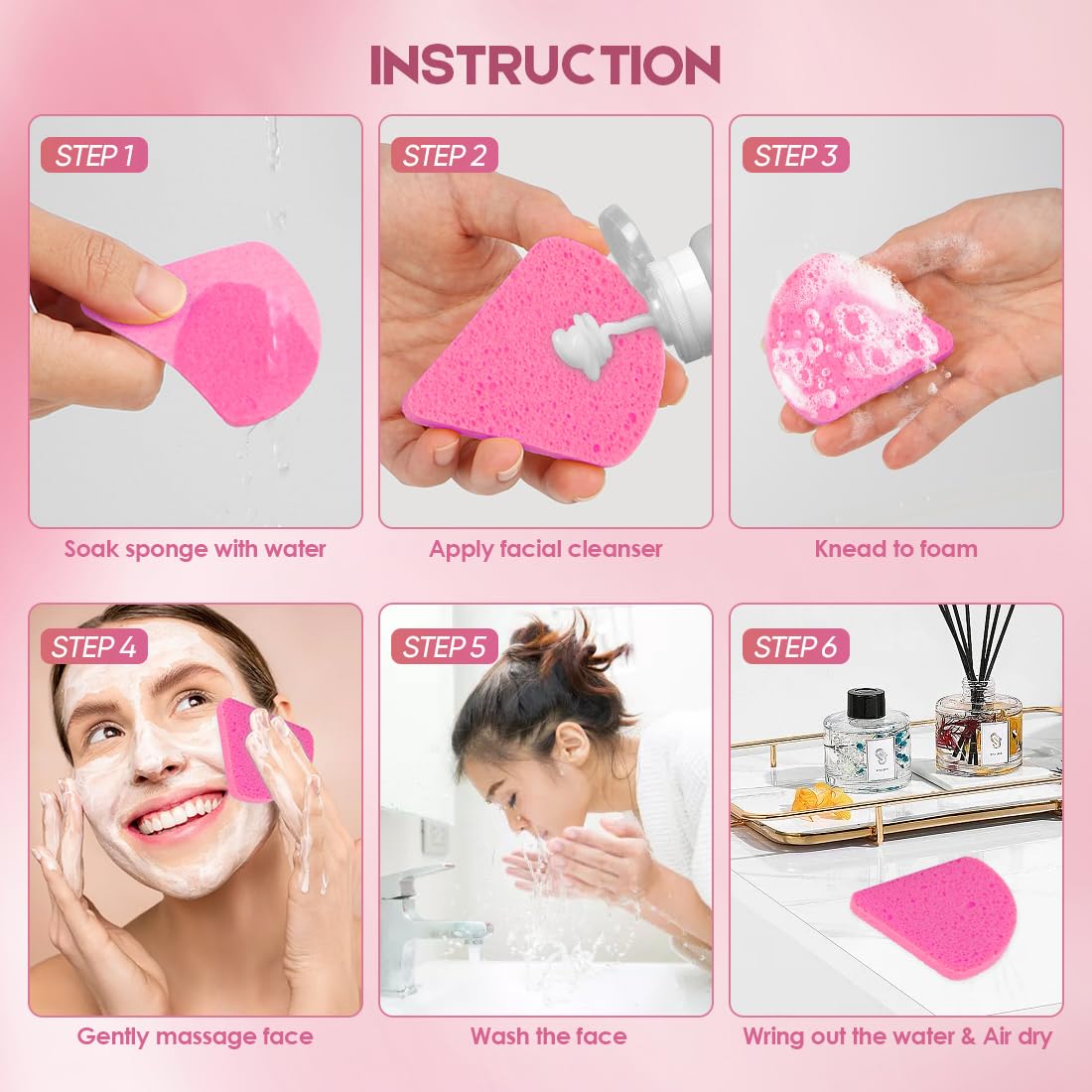 48Count Pink Compressed Facial Sponges, Aidea Disposable Face Sponges, Natural Cellulose Cosmetic Spa Sponges For Facial Cleansi
