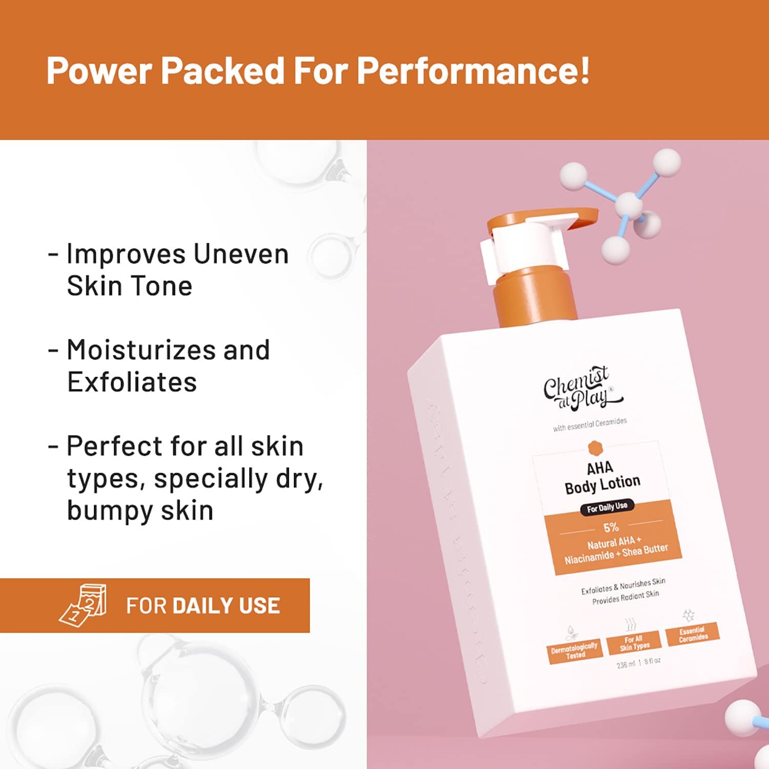 Chemist at Play AHA Body Lotion 5% AHA, Niacinamide & Shea Butter, Exfoliating & Brightening, 236ml for Radiant Skin