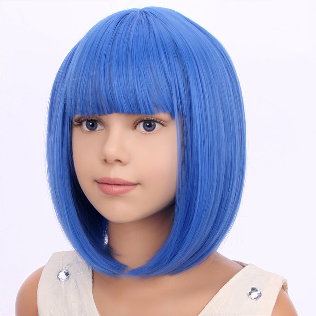 PATTNIUM Kids Blue Wig Child Short Blue Bob Wig with Bangs Cosplay Party Synthetic Daily Wear Wig for Girls (Blue)