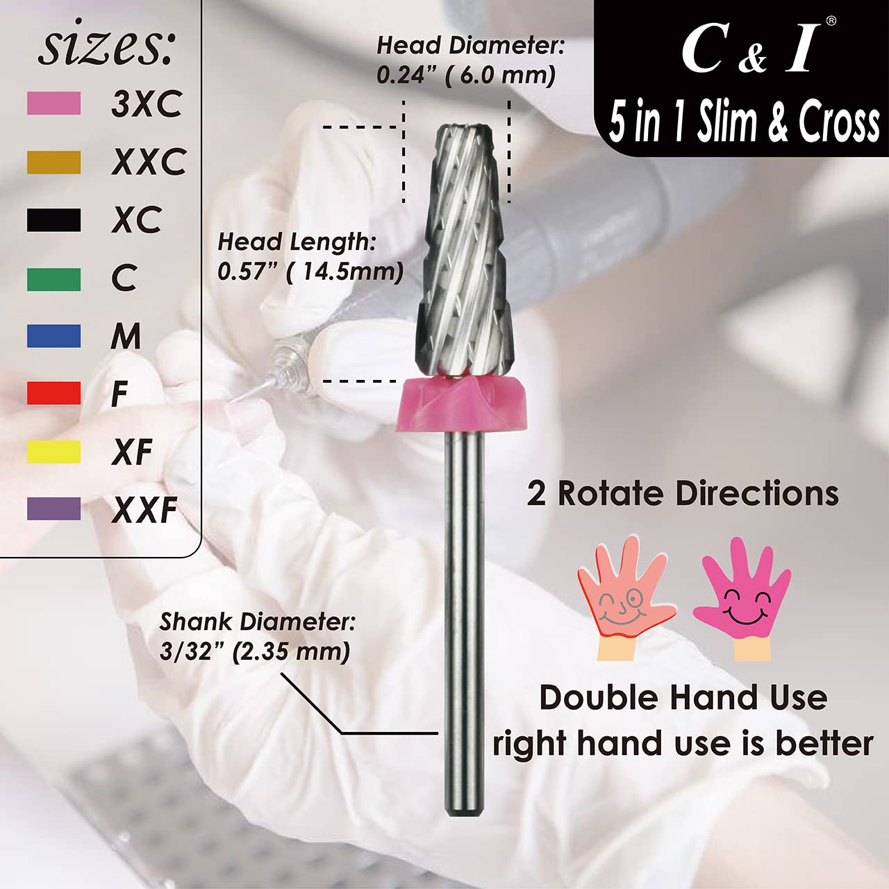 C & I 5 In 1 Nail Drill Bit, Cross & Slim Edition, Professional Nail Drills For Electric Manicure Drill Machine (Extra Coarse -X