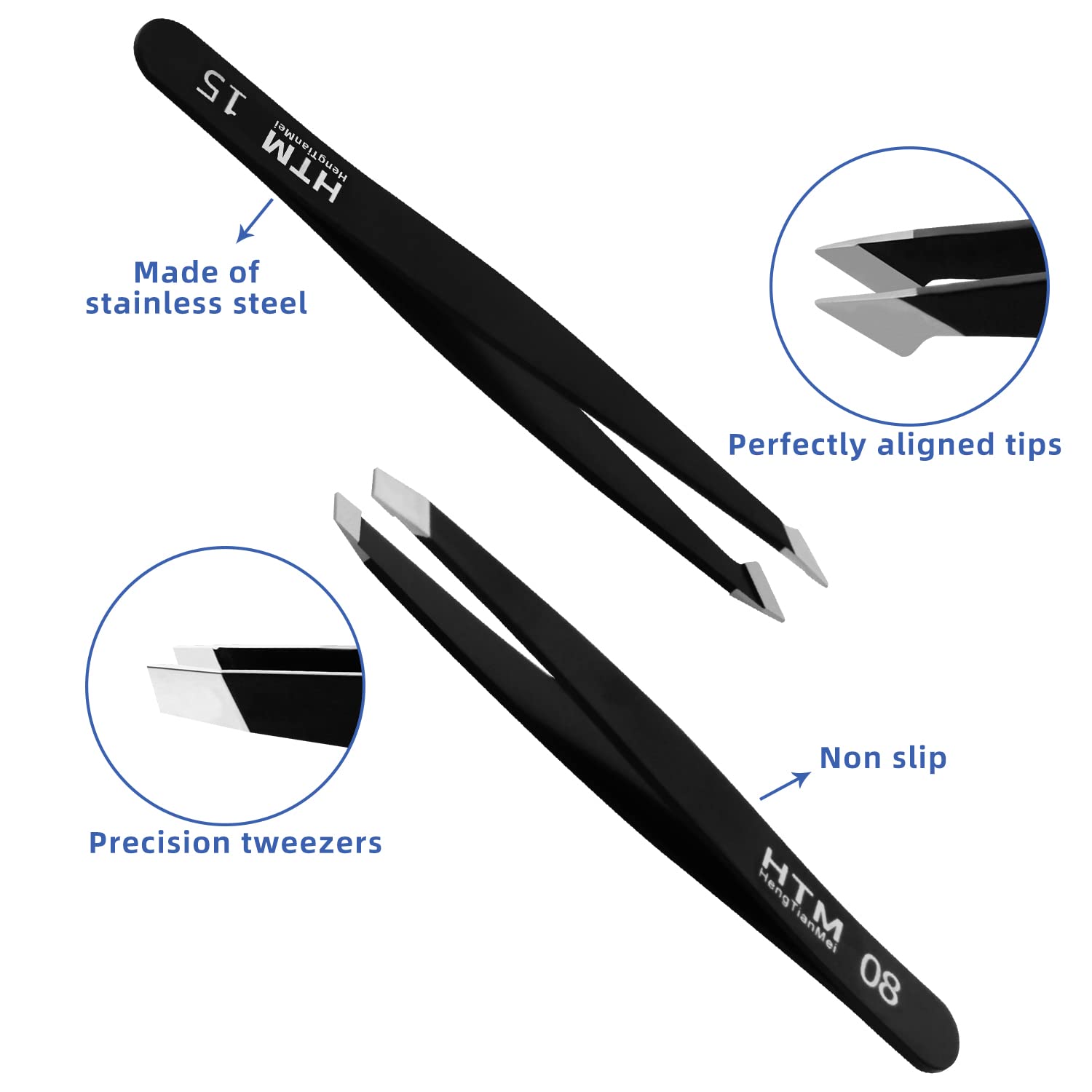 Hengtianmei 8Pcs Lash Tweezers 3 Stainless Straight And 3 Curved Tip Eyelash Tweezers, With 2 Slant Pointed Precision Eyebrows T