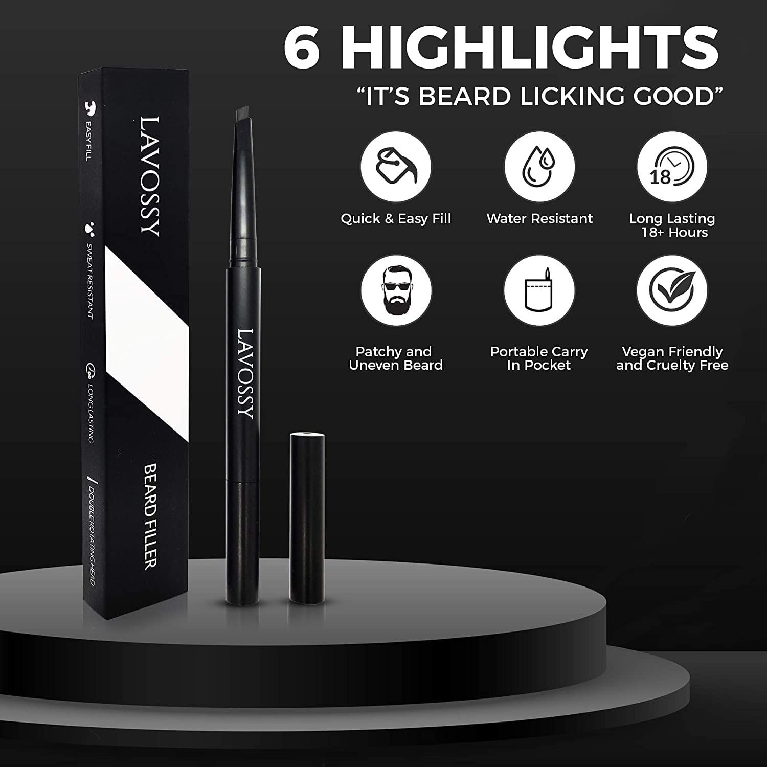 Lavossy Beard Pencil - Dark Brown - Long Lasting And Easy To Use Beard Pen With Blending Brush For Sleek & Natural Look, Water/S