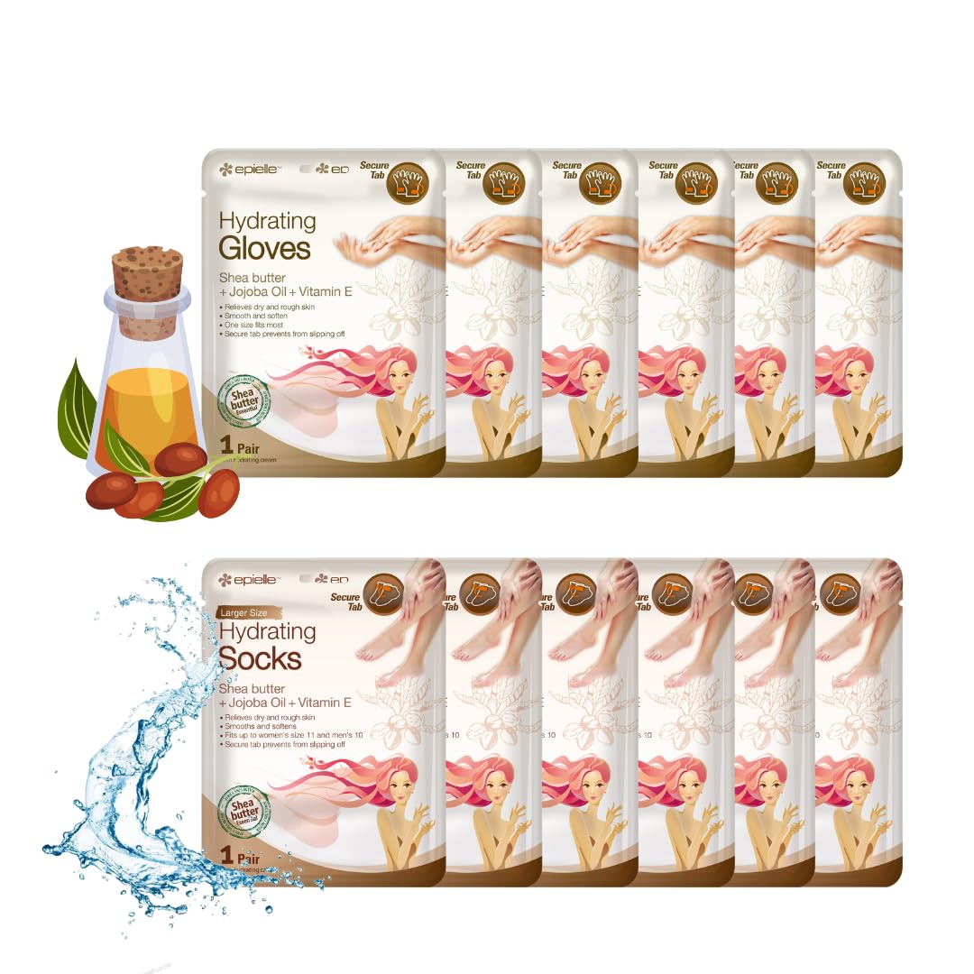 Epielle Hydrating Hand & Foot Masks (Glove & Socks 12pk) for Dry Hand, Dry & Cracked Heel | Spa Day | Shea Butter + Jojoba Oil +