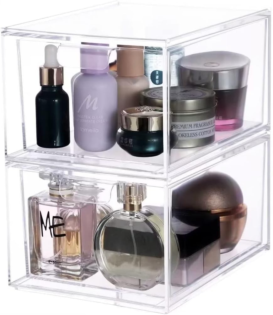 Cq Acrylic Stackable Storage Drawers Set Of 2,Under Cabinet Stackable Bins And Pull Out Drawers Storage Container,4.4'' Tall Cle