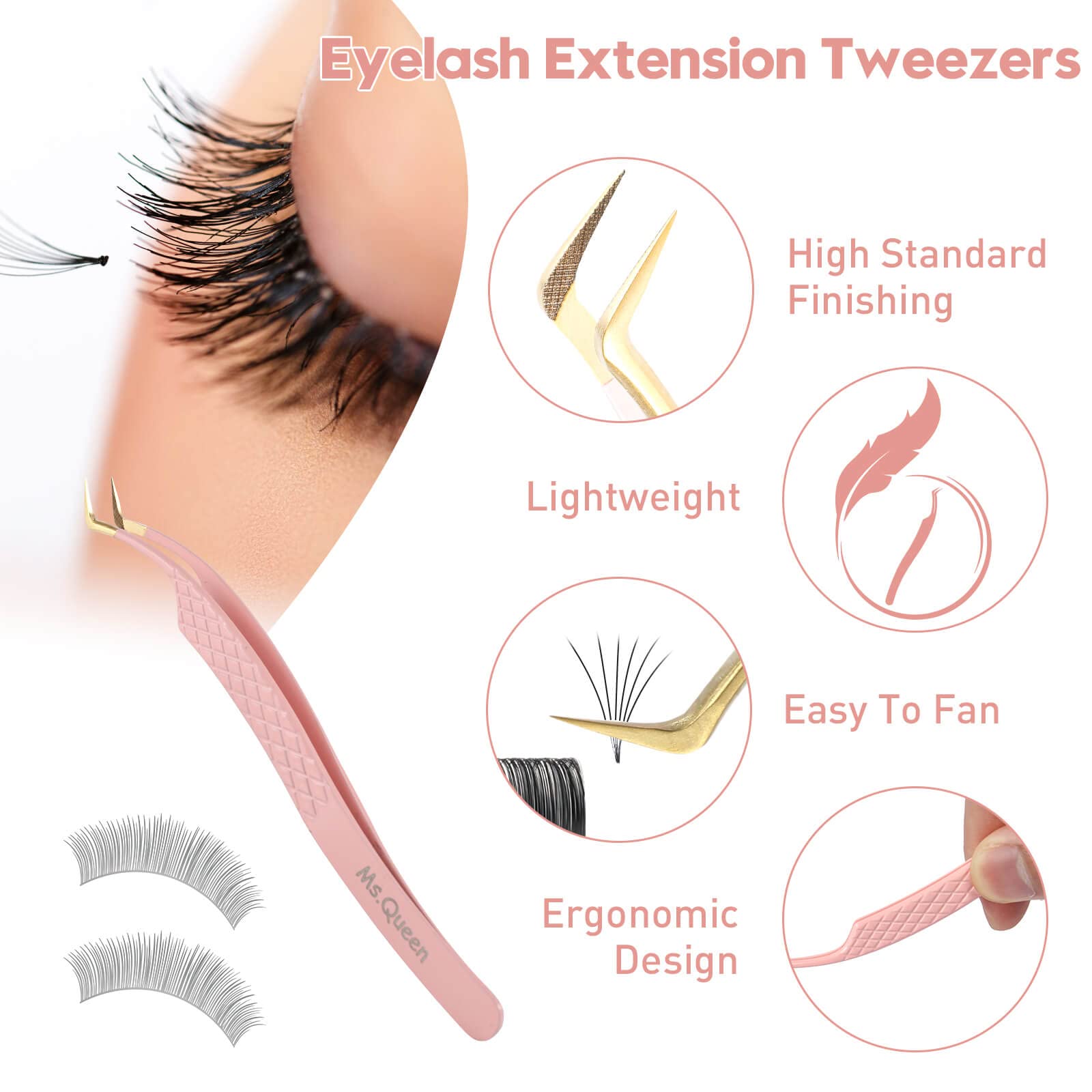 Ms.Queen Eyelash Extension Tweezers,Diamond Grip Lash Tweezers For Isolation Applying And Mega Volume Mink Lashes Fanning