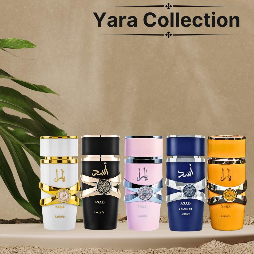 Lattafa Yara Collection 5 Piece Set - Yara, Yara Moi, Yara Tous, Asad, Asad Zanzibar - Eau De Parfum Sprays 100Ml (3.4 Oz)