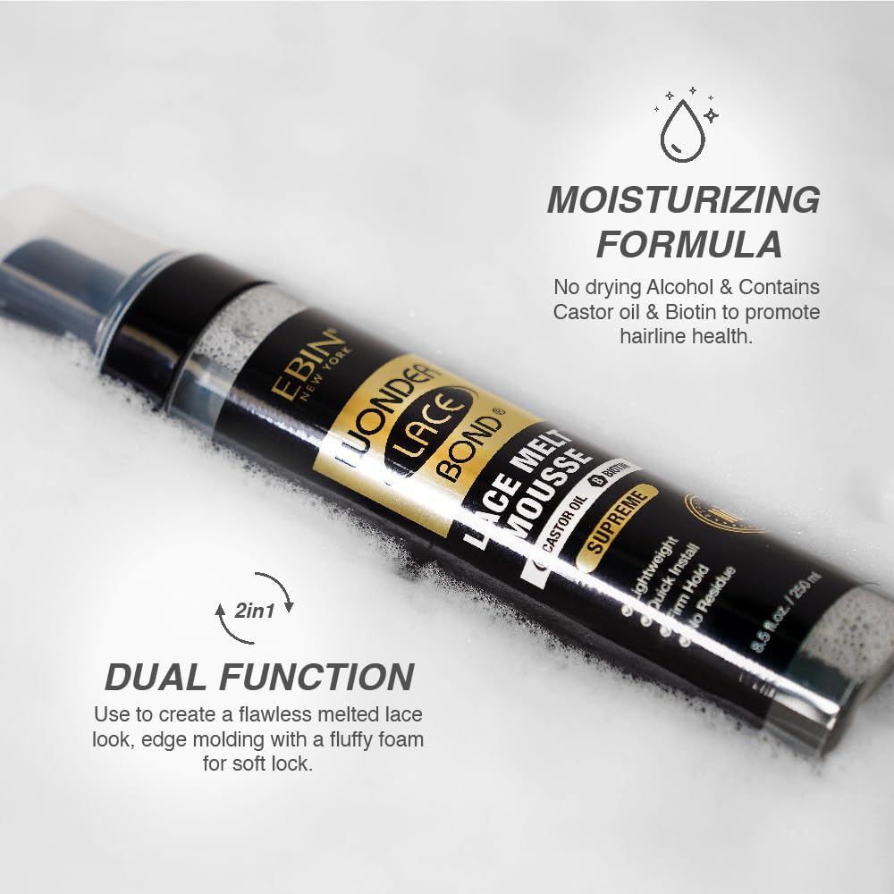 Wonder Lace Bond Lace Melt Mousse 8.5Oz/250Ml- Extreme Firm Hold (Supreme) | Biotin + Castor Oil | No Residue, Long Lasting Form
