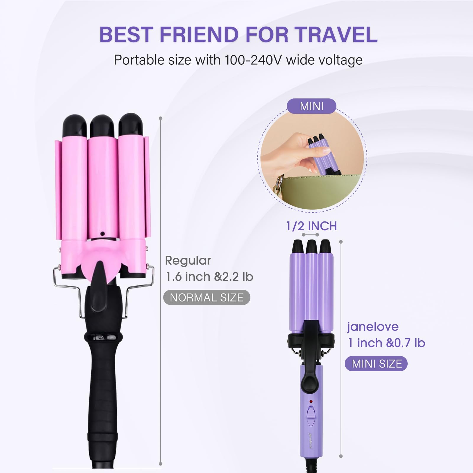 Mini Hair Crimper, Janelove 1/2 Inch Beach Waves Curling Iron, Hair Waver For Short & Medium Hair With 3 Ceramic Barrels, Home A