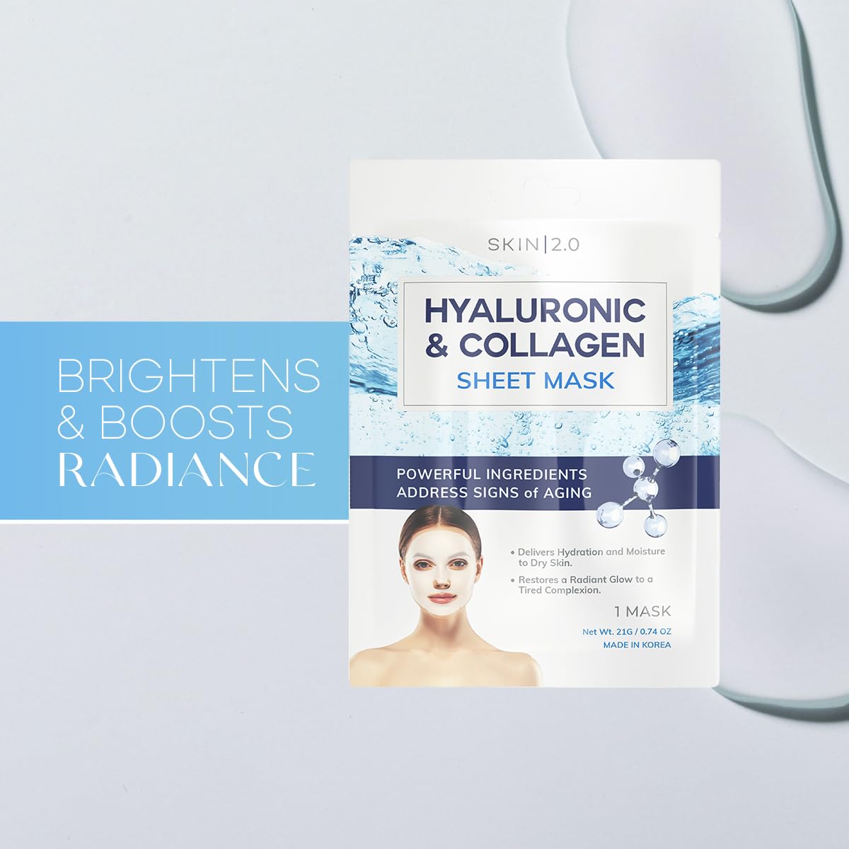 Skin 2.0 Hyaluronic Acid And Collagen Sheet Face Mask - Boosts Moisture, Skin Firming, Reduces Signs Of Aging, Hydrating Sheet M