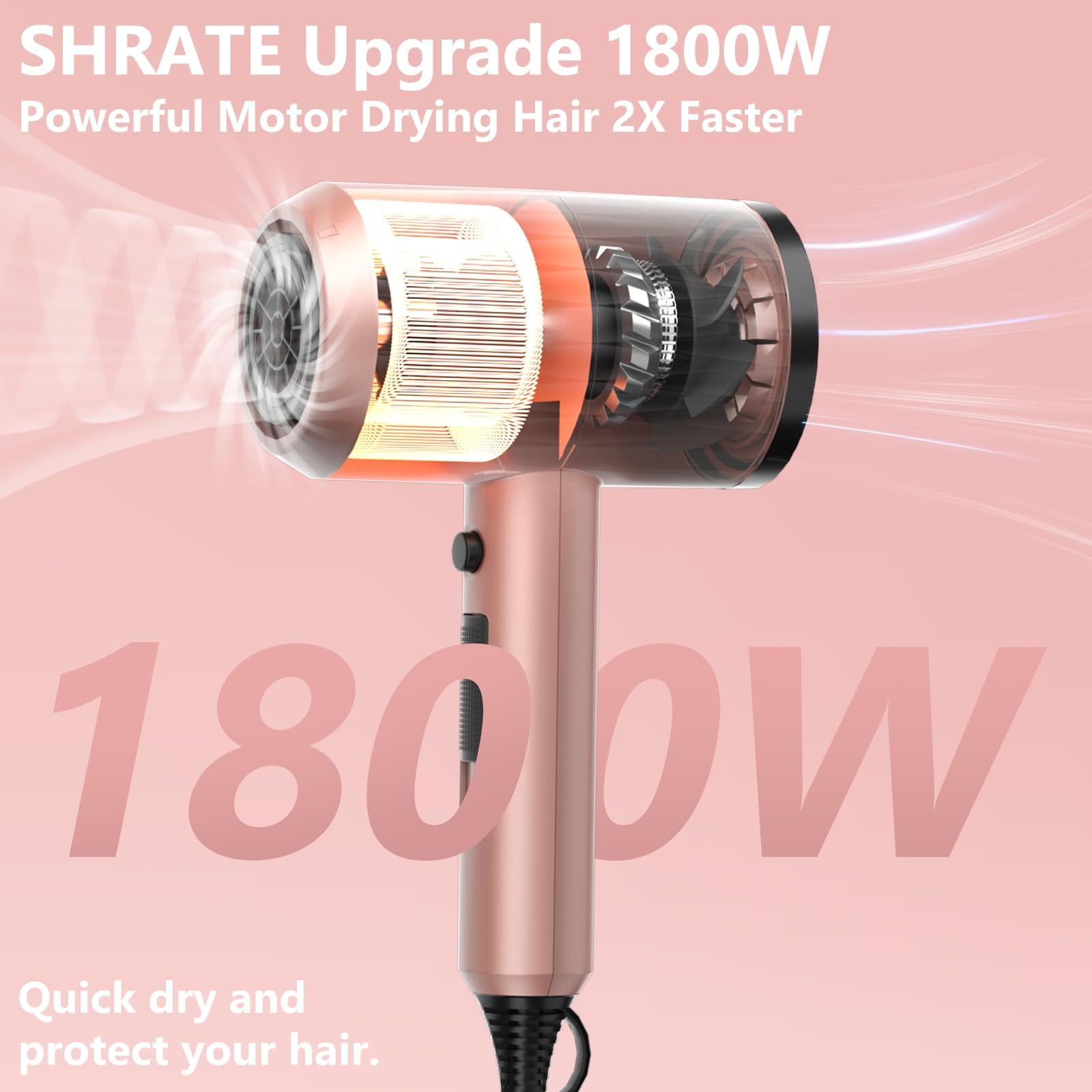 Shrate Ionic Hair Dryer, Professional Salon Negative Ions Blow Dryer, Powerful 1800W For Fast Drying, 3 Heating/ 2 Speed, Cool B