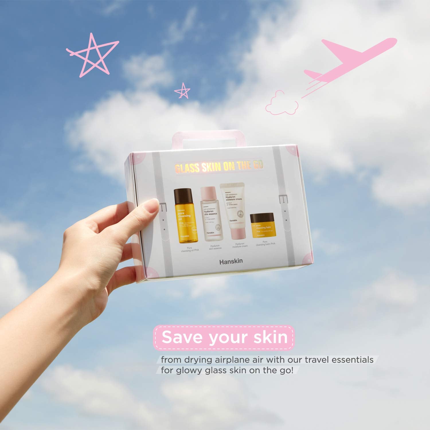 Hanskin Glass Skin On The Go Kit, Set Of 4, Moisturizing Travel Friendly Hydrating Skincare Set For Glowing Skin, Cleansers, Ski