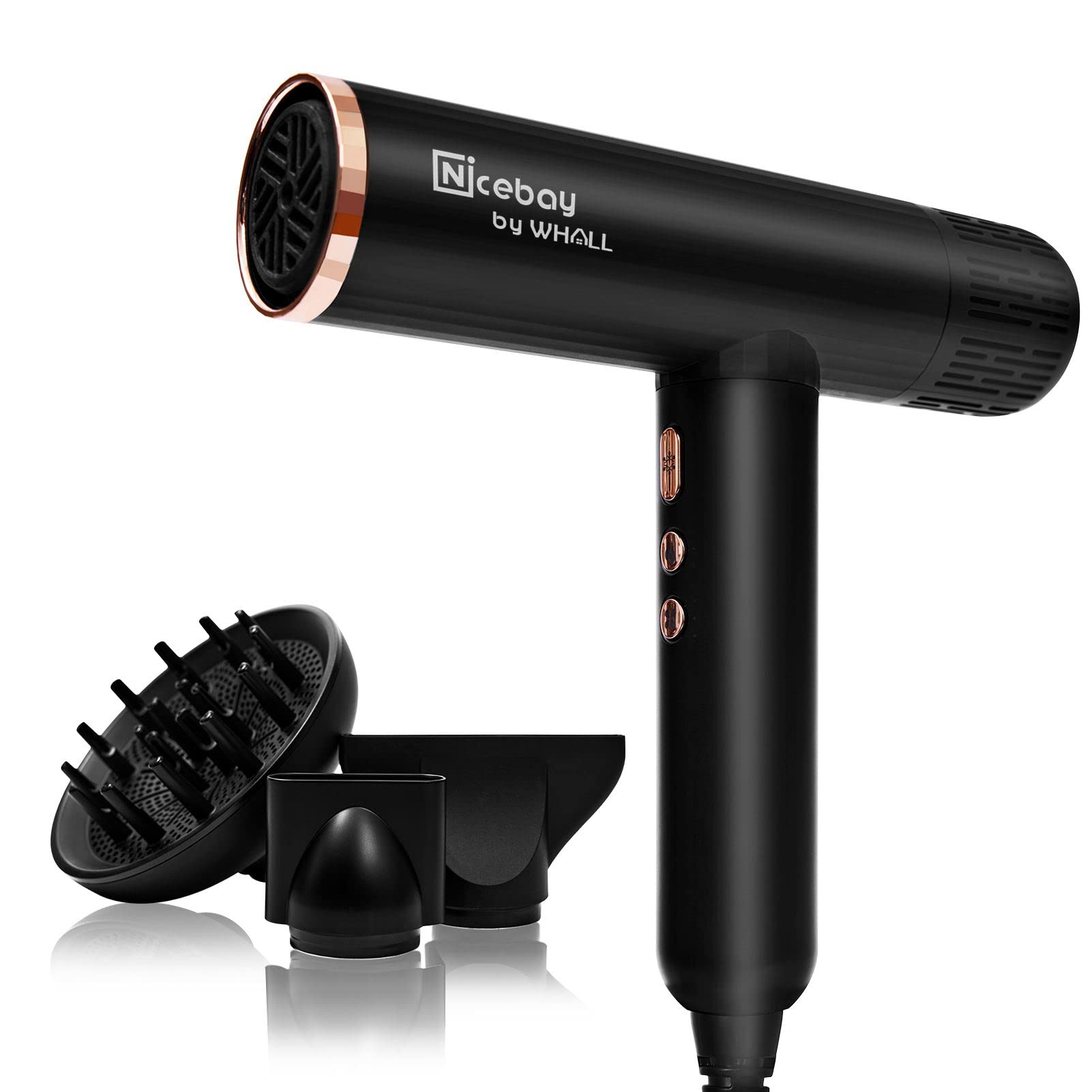 Nicebay Ionic Hair Dryer, Professional Blow Dryer with 3 Attachments, 110000RPM High-Speed Brushless Motor for Fast Drying, Ligh
