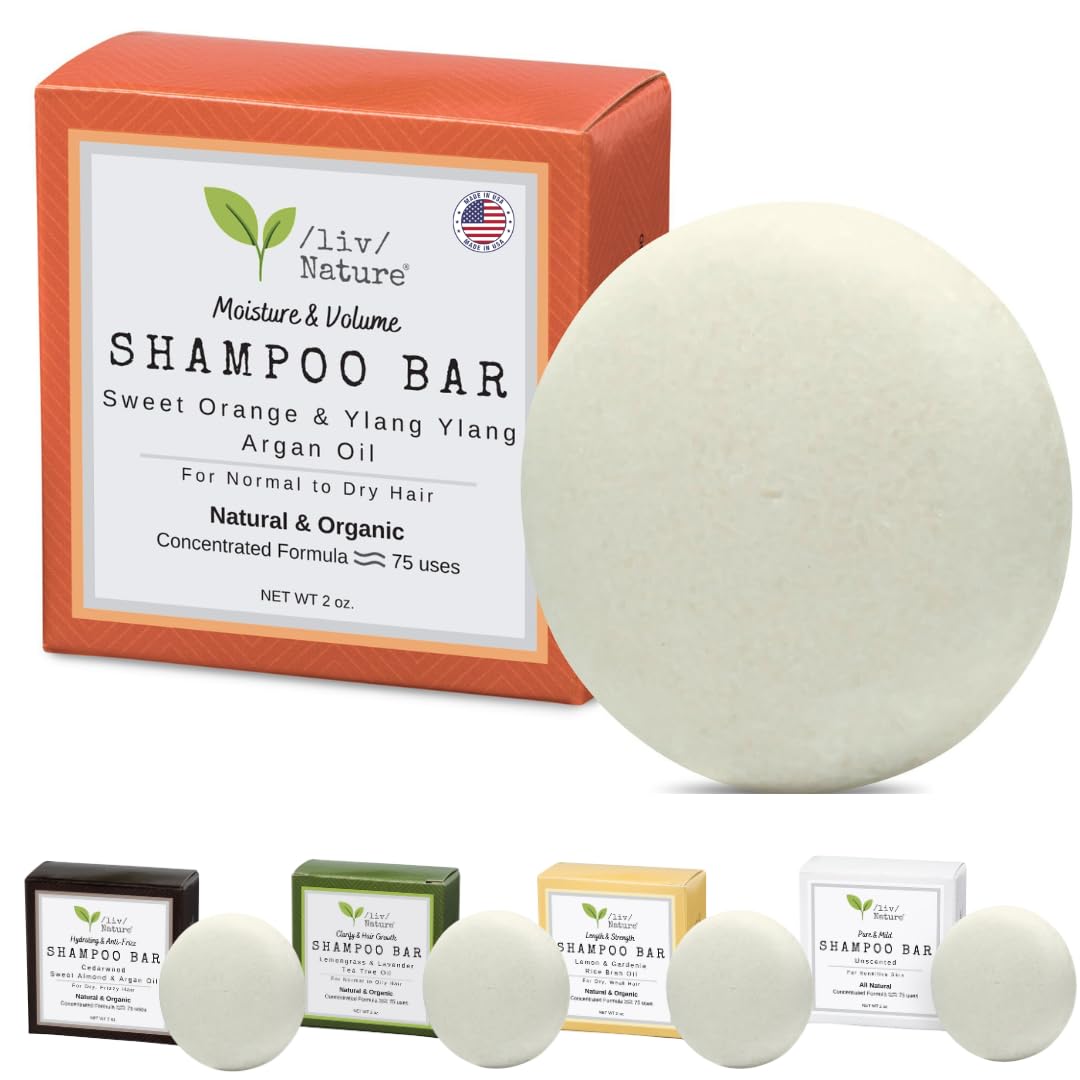 /liv/ Nature Shampoo Bar | Volume and Moisture for Dry Hair | Sweet Orange, Ylang Ylang, Argan Oil | Travel Essential | Made in 
