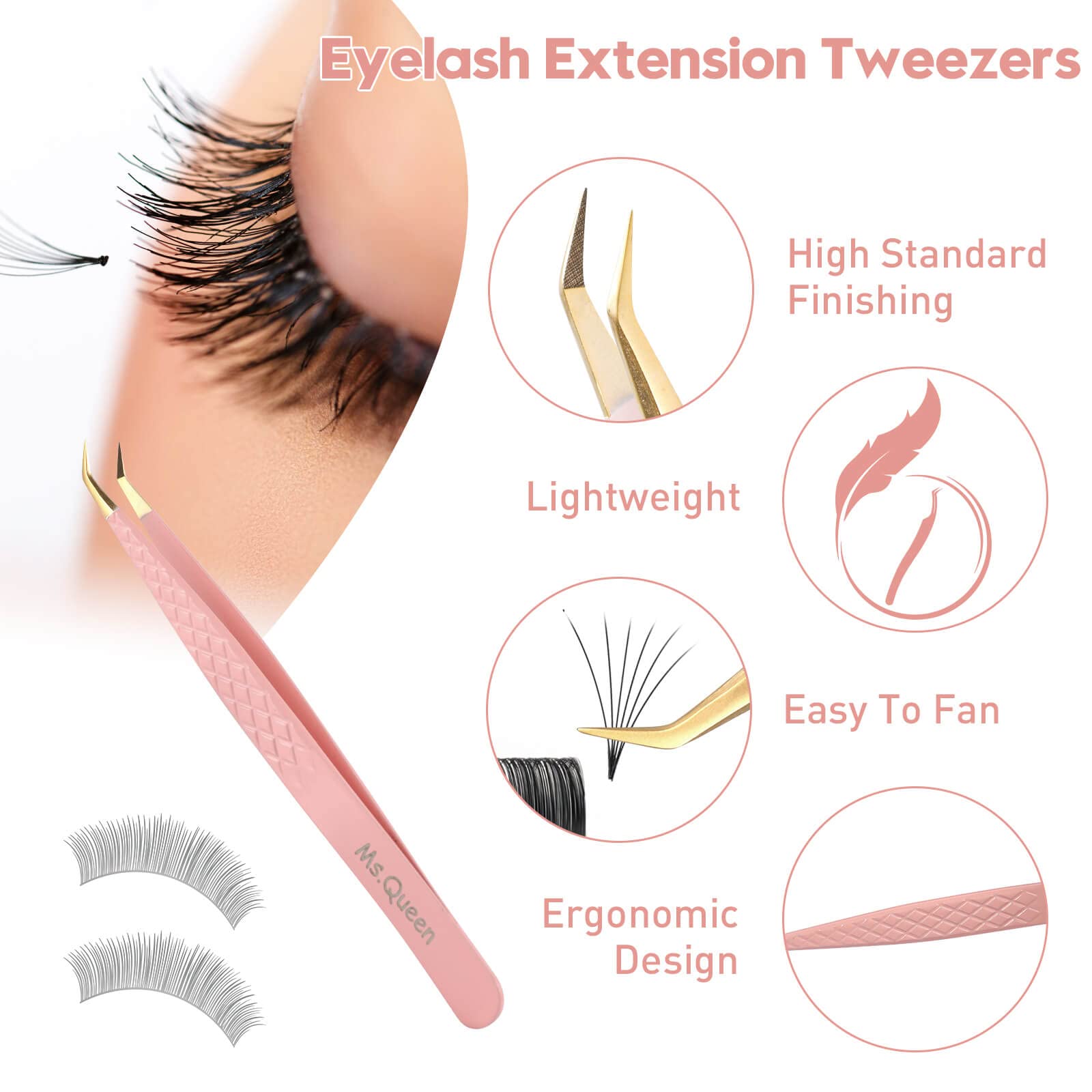 Ms.Queen Lash Tweezers For Eyelash Extensions, Professional Curved Tip Lashing Tweezers For Isolation And Individual Volume Lash