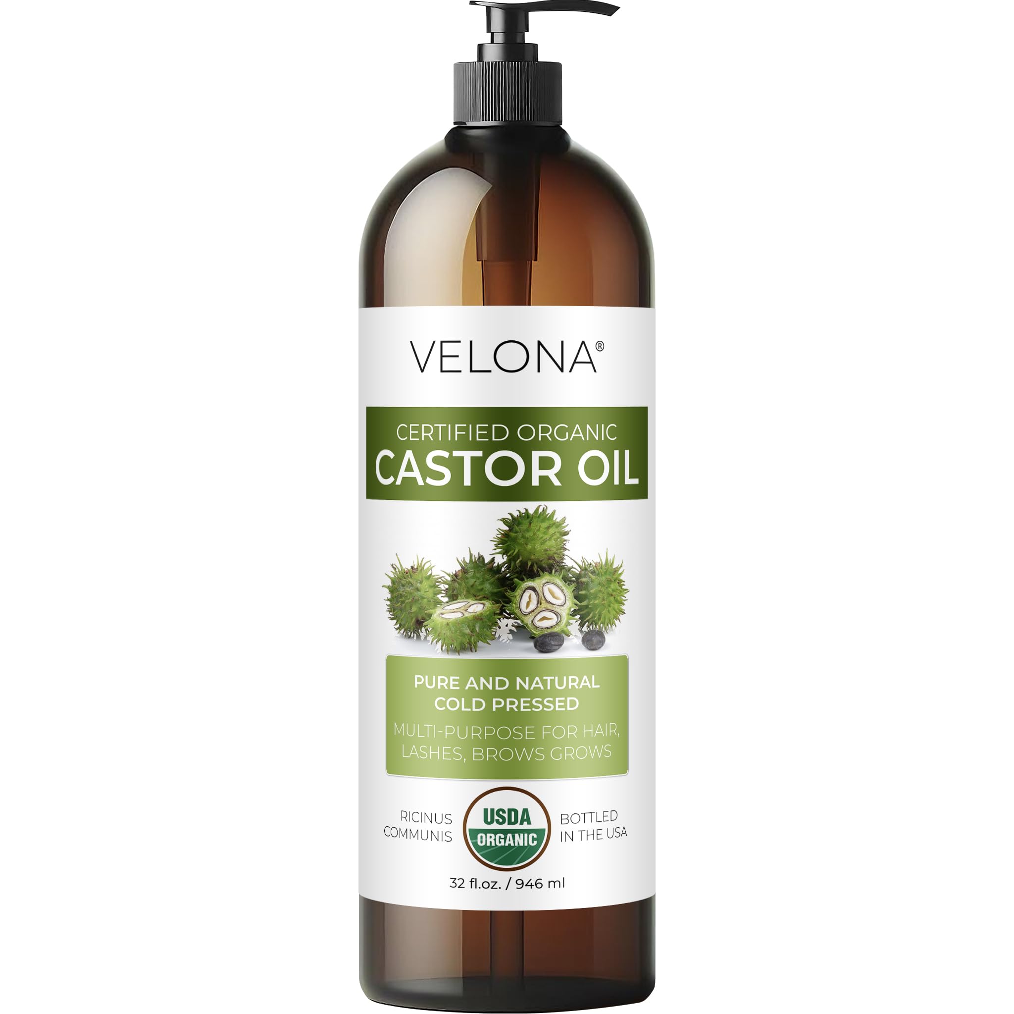 velona USDA Certified Organic Castor Oil - 32 fl oz | For Hair Growth, Boost Eyelashes, Eyebrows | Cold pressed, Natural Oil, US