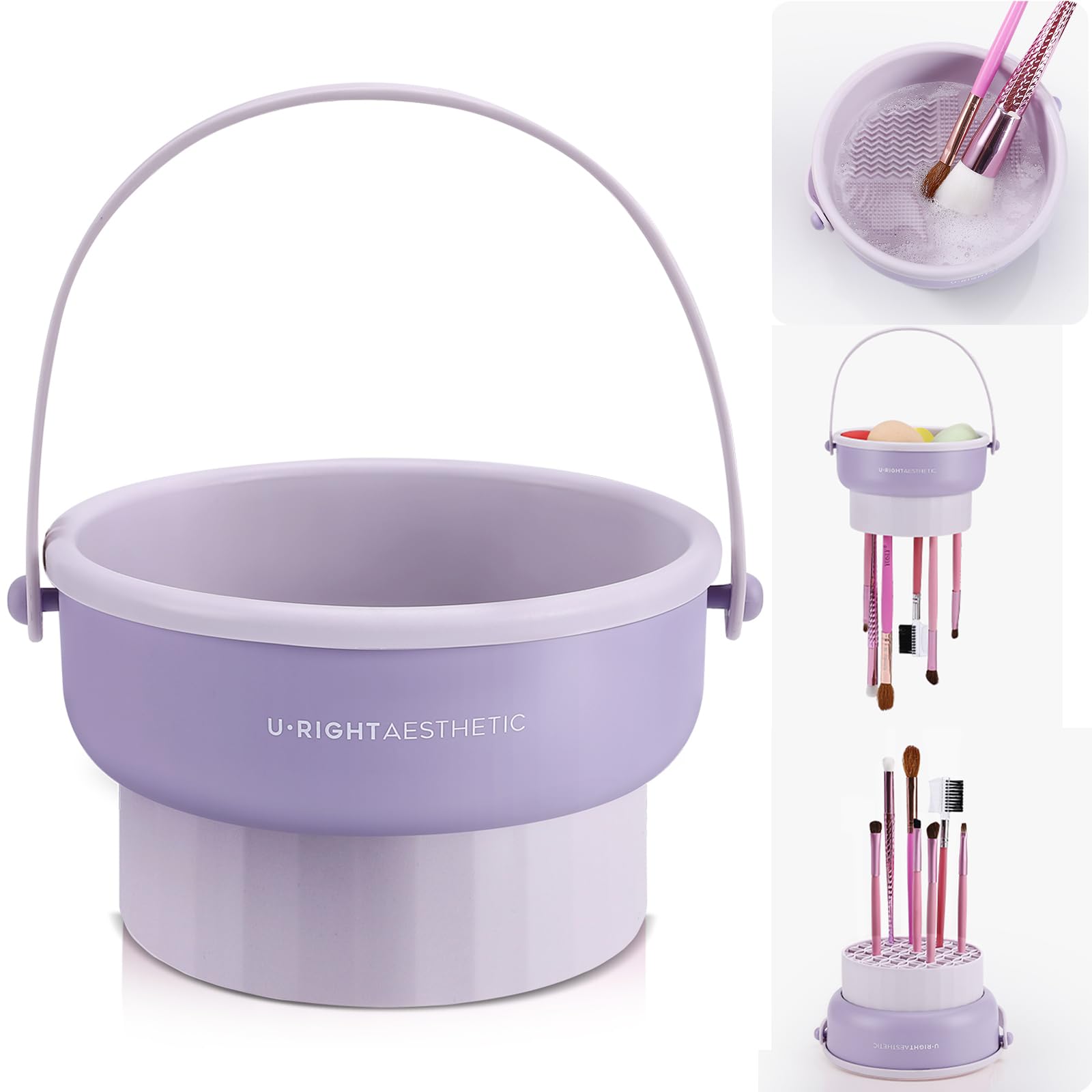Makeup Brush Cleaner Mat 3 in 1 Silicone Makeup Brush Cleaner Bowl Cosmetic Brushes Cleaning Tool Organizer for Storage and Air 