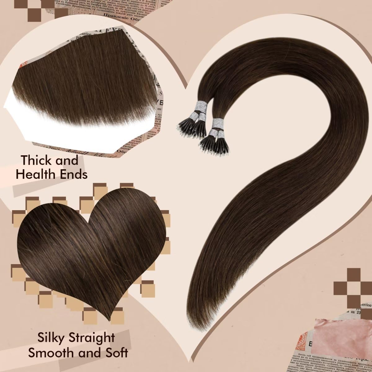 Hetto Nano Beads Human Hair Extensions #4 Dark Brown Nano Link Extensions Human Hair 18 Inch Straight Nano Ring Hair Extensions