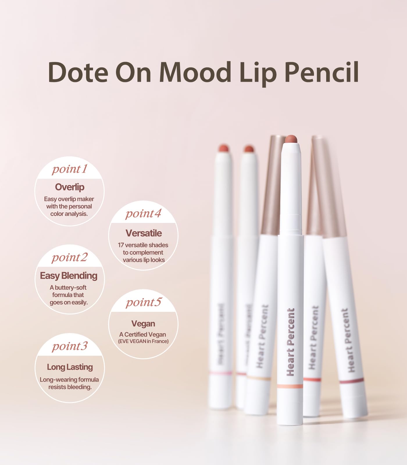 Heart Percent Dote On Mood Lip Pencil, Long-Lasting Creamy Lip Crayon Smooth Color Liner Retractable Lipstick Pencil 0.8G, 18. F