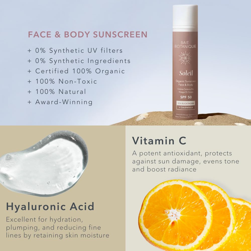 Baie Botanique Soleil - Organic Mineral Non Toxic Sunscreen For Face And Body Spf 50 - Sea Buckthorn & Calendula - Natural - Veg