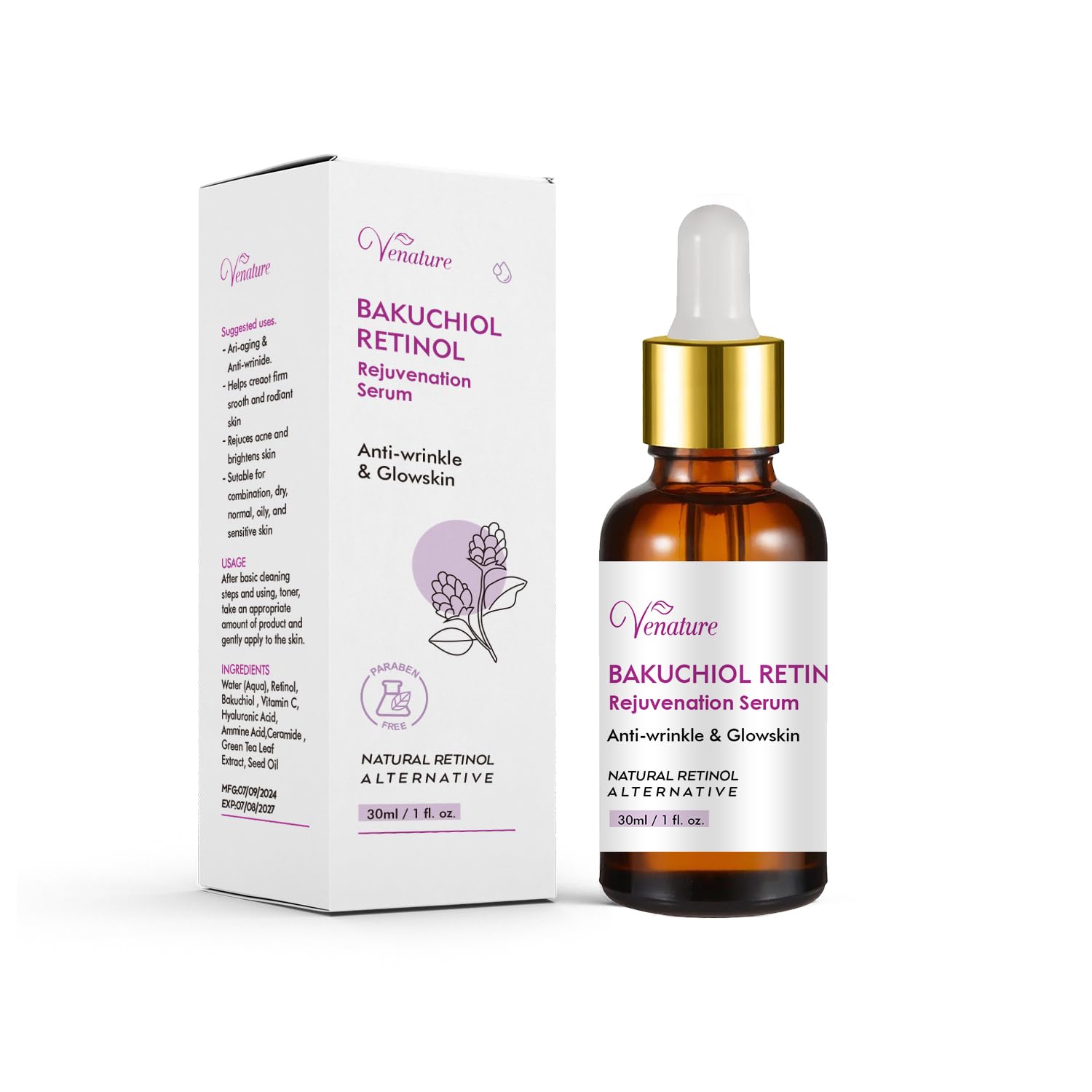 Venature Bakuchiol Retinol Rejuvenation Serum,2024 Best Retinol Serum For Wrinkles Bakuchiol Retinol Face Serum Korean, Retinol