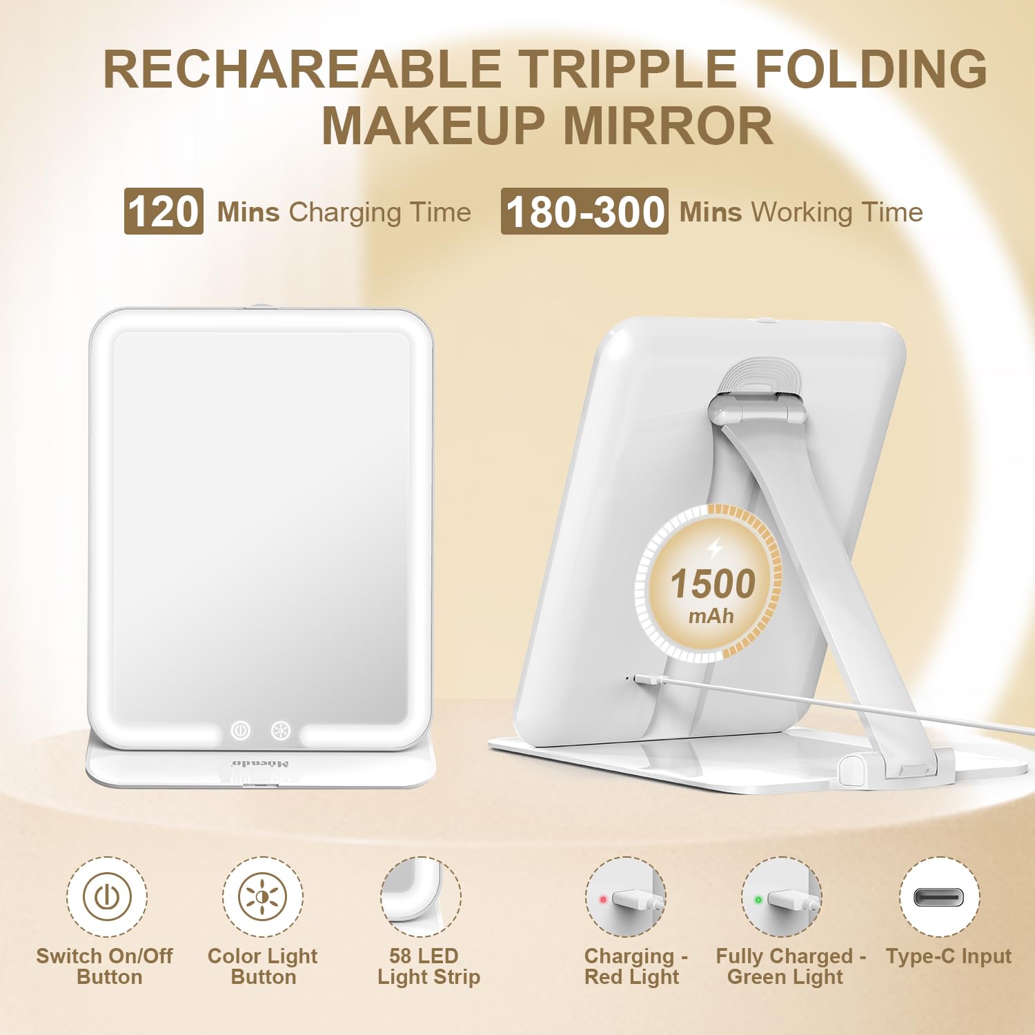 Mocado Travel Makeup Mirror With Light, Tripple Folding Vanity Mirror With Lights, 3 Colors Lighted Makeup Mirror, 1500Mah Recha