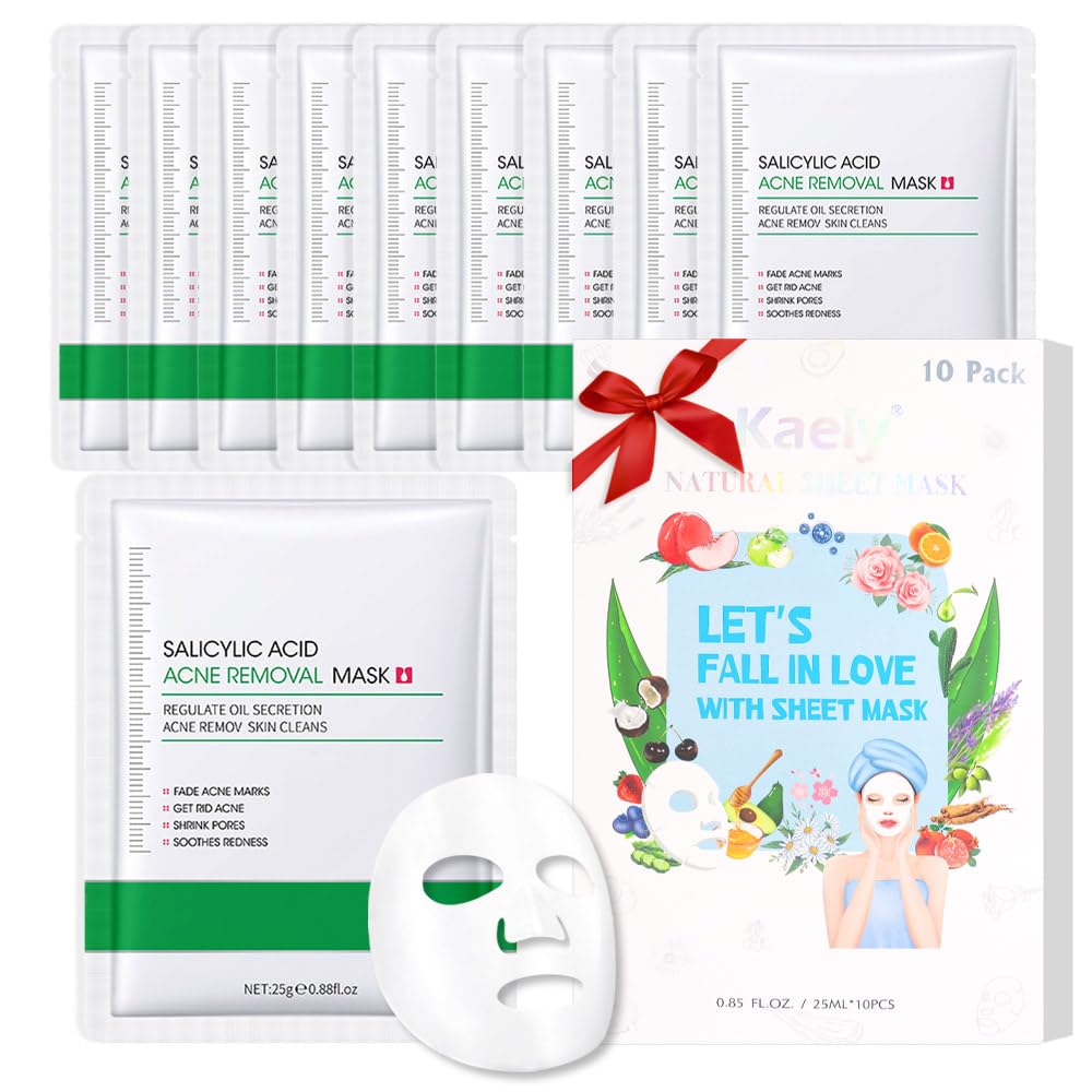 Kaely 10 Pack Salicylic Acid Sheet Masks,Hydrating Smoothing Face Masks For Women Men,Facial Mask Skin Care Korean,Moisturize,Br