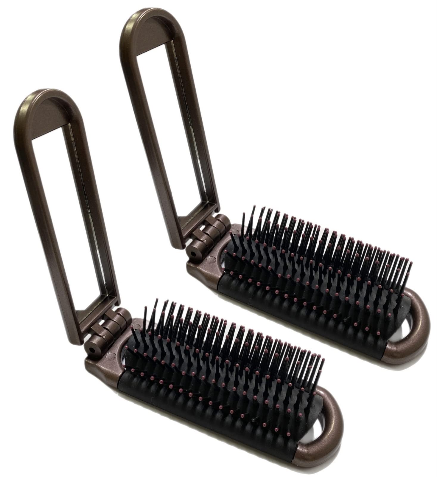 2 Brown Color Alazco Folding Hair Brush With Mirror Compact Pocket Size Travel Car Gym Bag Purse Locker Swimming Camping Sleepov