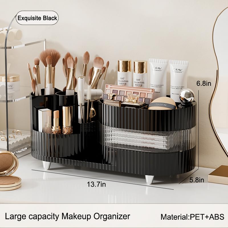 Rotating Makeup Organizer For Vanity With Brush Holder And Drawer, 3 Layer Cosmetic Makeup Storage, Large Makeup Skincare Organi