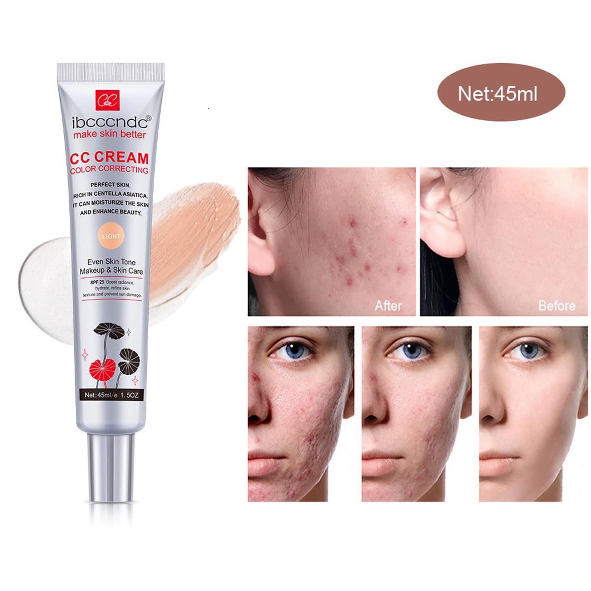 Color Correcting Cc Cream With Spf 25,Full-Coverage Foundation,Hydrating Serum,Refine Skin Texture, Avoid Sun Damage (Light, 45