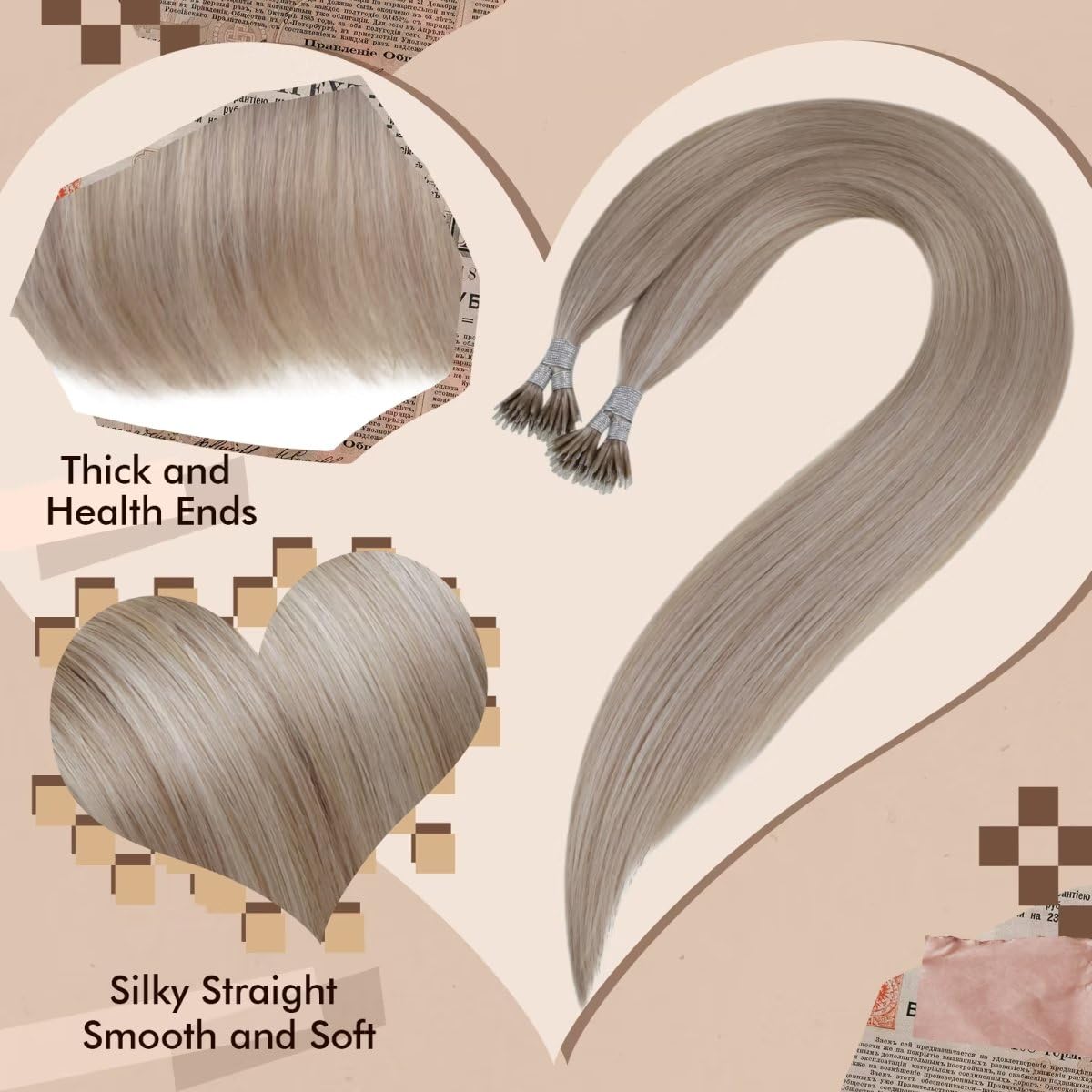 Hetto 22 Inch Nano Link Hair Extensions Human Hair #18 Dark Ash Blonde Highlighted #613 Bleach Blonde Nano Beads Human Hair Exte
