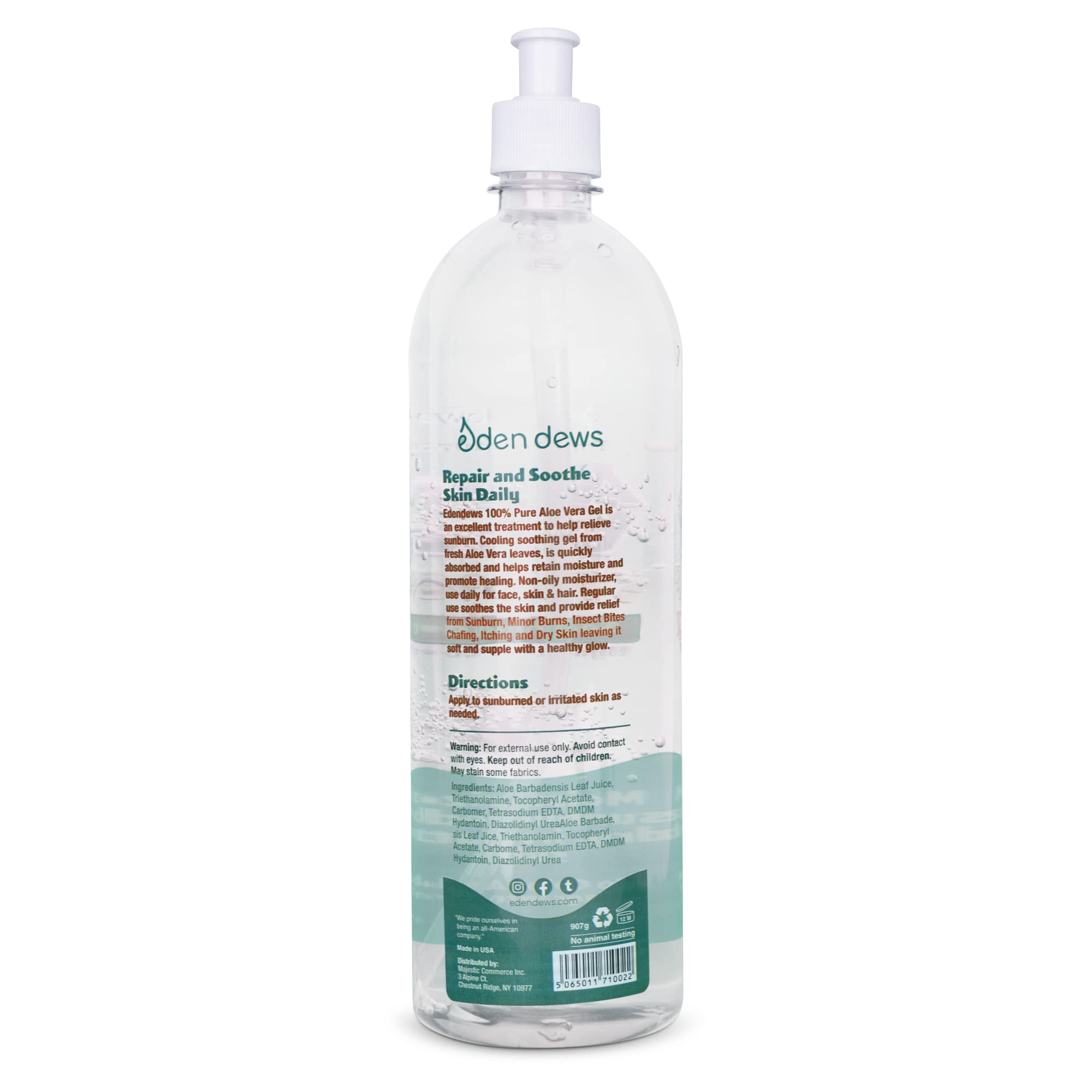 Eden Dews Aloe Vera Gel For Skin - 100% Pure & Natural Organic, Moisturizing, Face Skin & Hair Care, Sun Burn Relief, Hydrating