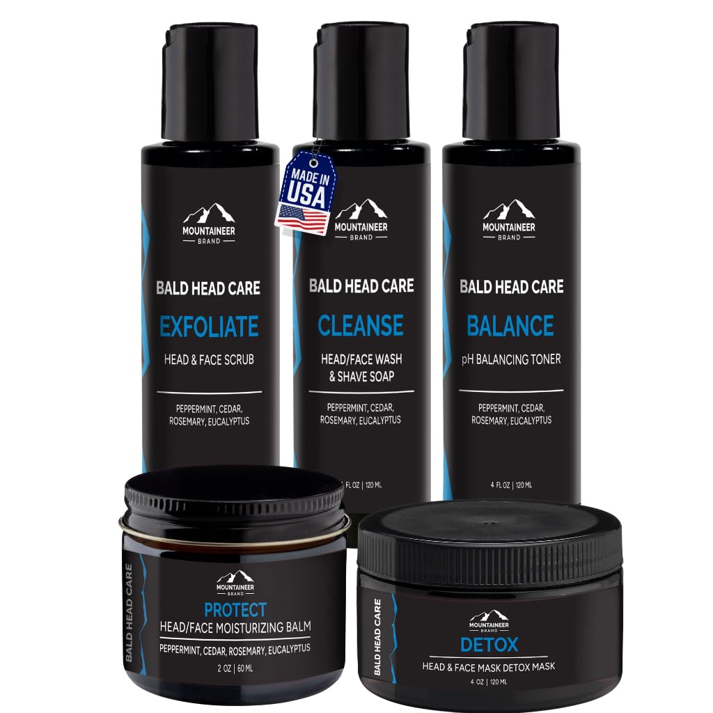 Mountaineer Brand Ultimate Bald Head Care Gifts Bundle For Men | All Natural 5 Step Skin Care for Healthy Scalp & Face | Exfolia