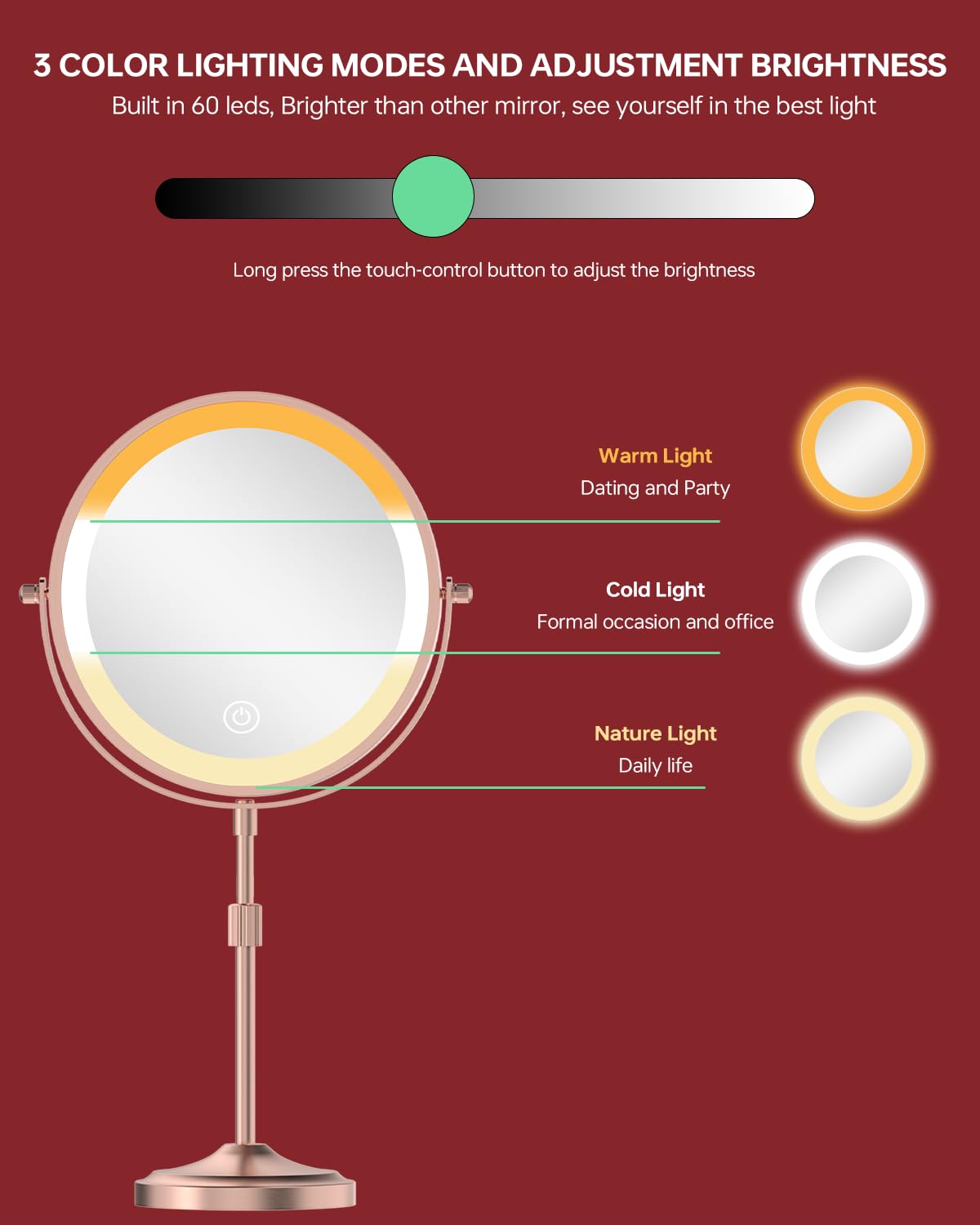 Erlingeryi 16.5-20 Inch Adjustable Height Tabletop Makeup Mirror With Lights, 5000Mah Rechargeable Battery, 8.6 Inch 1X/10X Doub