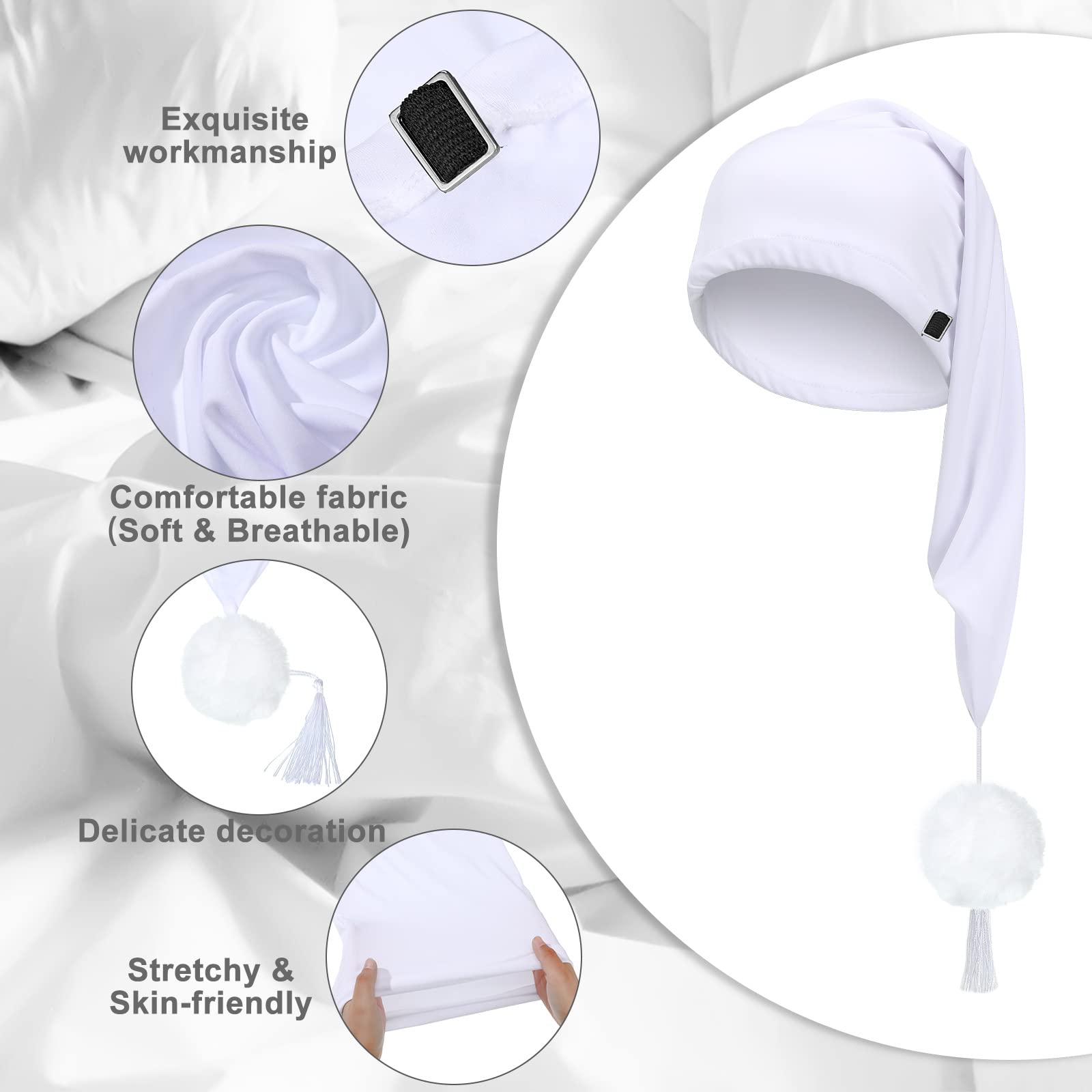 2 Pcs Silk Night Sleeping Cap Men Adjustable Stocking Cap Drawstring Night Sleeping Cap With Pom Ball For Daily Use (White)