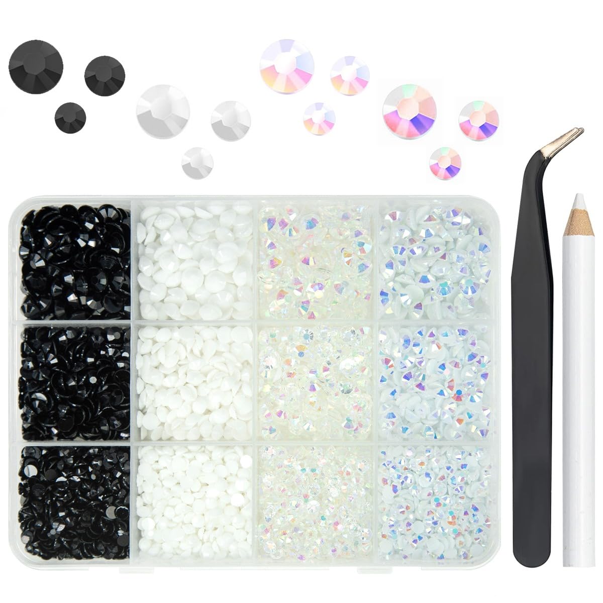 qiipii Pure Black White Jelly Resin Rhinestones for Crafting 3mm 4mm 5mm Flatback Transparent White AB Stones Bulk No-Hotfix Res