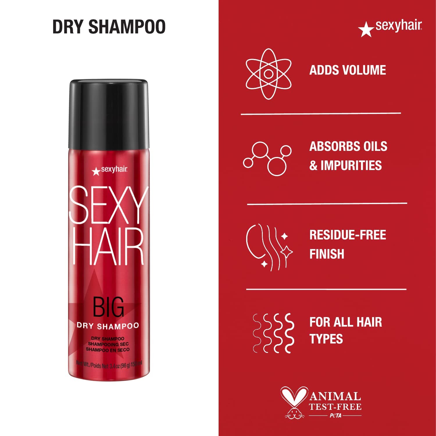 Sexyhair Big Dry Shampoo, 3.4 Oz | Remove Oils And Impurities | Provides Additional Volume | All Hair Types