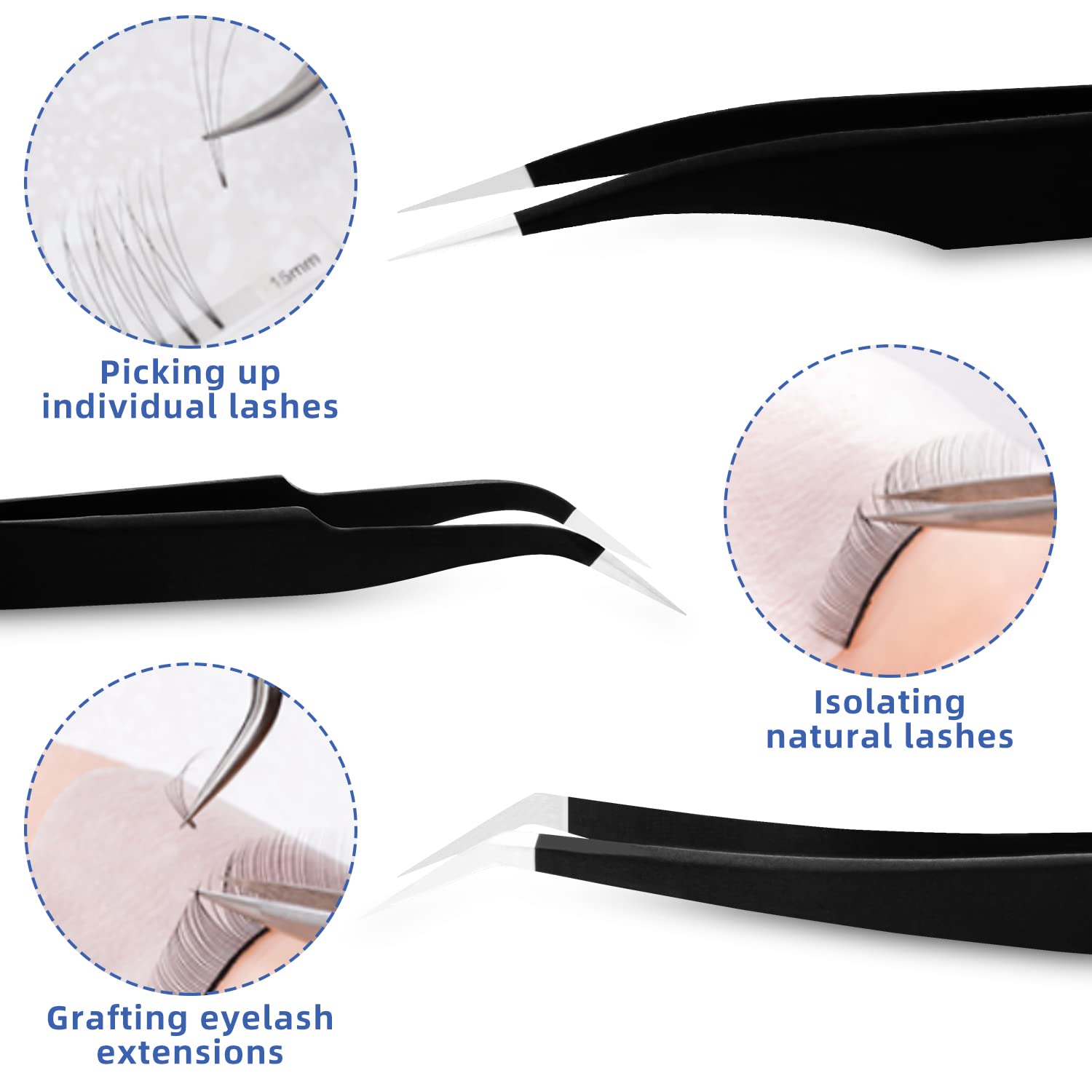 Hengtianmei 8Pcs Lash Tweezers 3 Stainless Straight And 3 Curved Tip Eyelash Tweezers, With 2 Slant Pointed Precision Eyebrows T