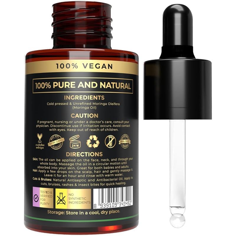 Usda Organic Moringa Oil - Cold-Pressed, Pure & Natural, Carrier Oil For Essential Oils Mixing, Skin, Hair, Face - Moringa Seed