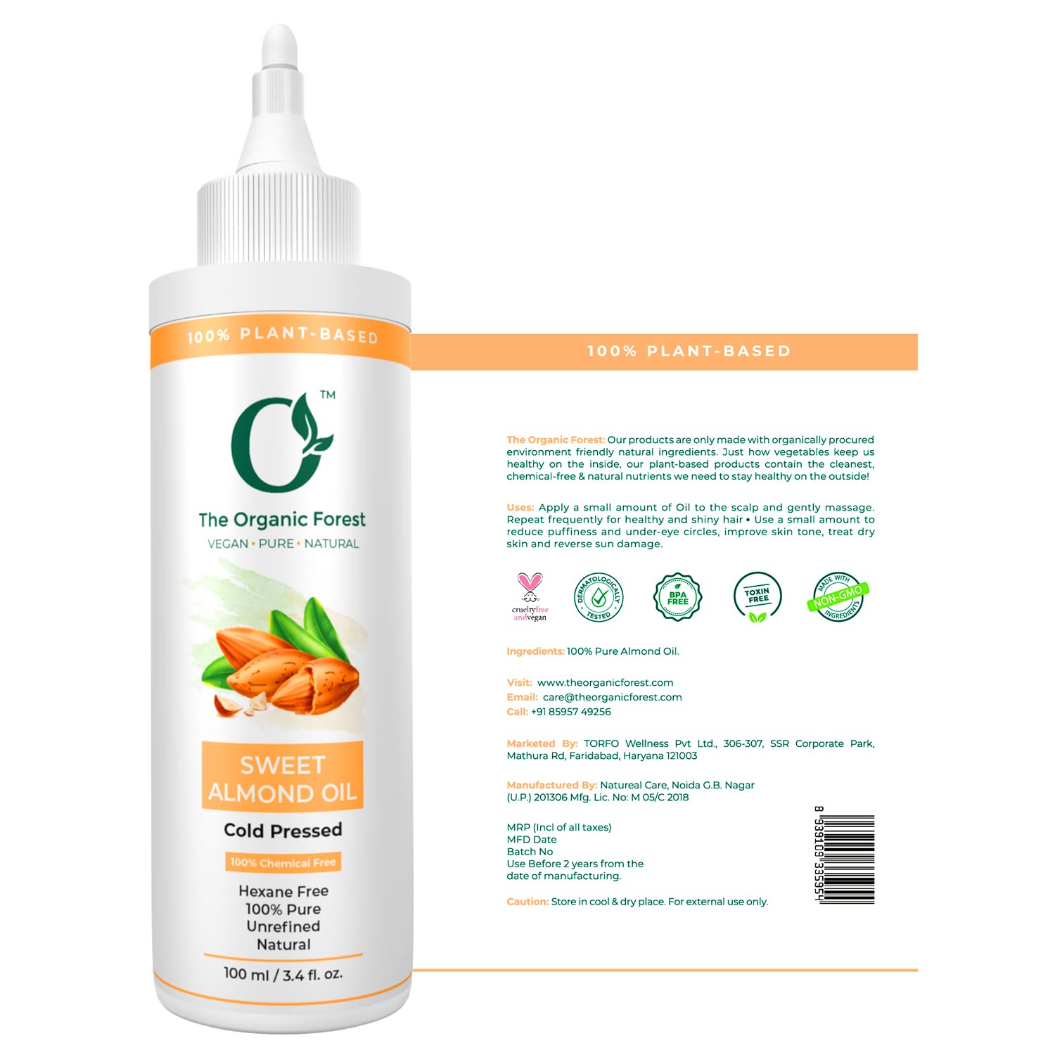 The Organic Forest Almond Oil For Hair, Face, Dry Skin, Cold Pressed 100% Pure Carrier Oil For Essential Body Oils For Women And
