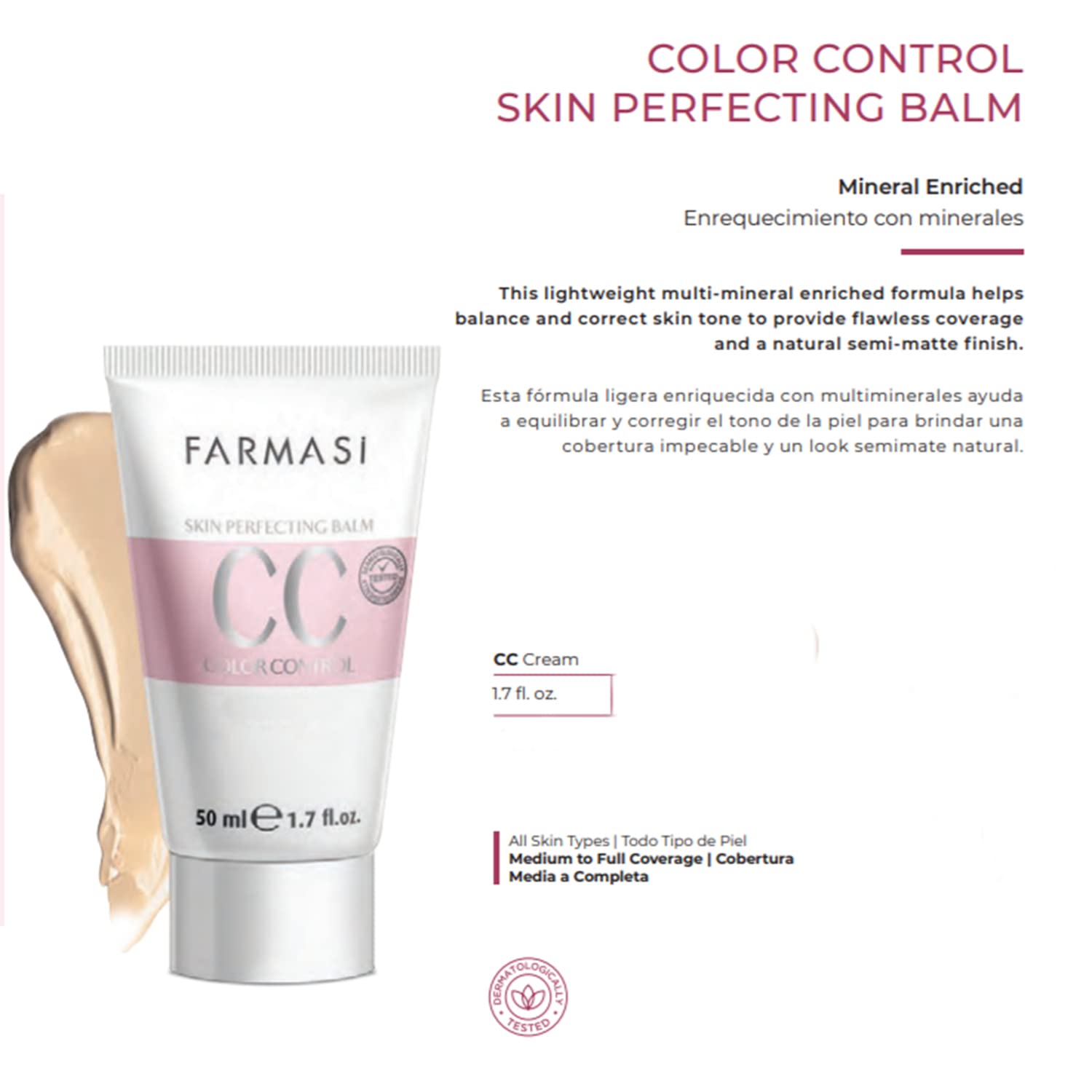 Farmasi Makeup Cc Cream 1,7 Fl Oz (Light), Pure, Natural And Flawless Finish, Medium To Full Coverage, All-Day Hold, All Skin Ty