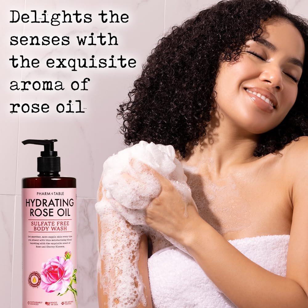 Pharm To Table Hydrating Rose Oil Body Wash For Women And Men - Hydrates And Brightens The Skin, Sulfate Free, 100% Cruelty Free