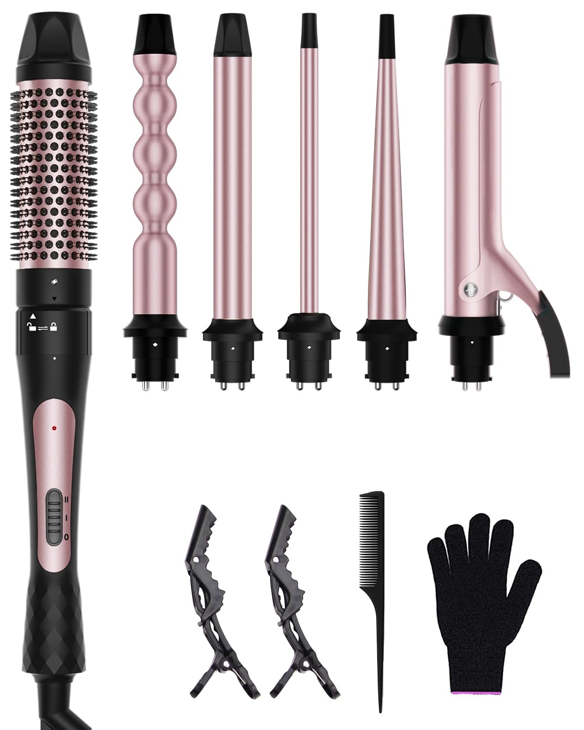 6 in 1 Curling Iron, Curling Wand Set with Thermal Brush (1.5inch) & 1inch Bubble Curling Wand and 3 Interchangeable Ceramic Bar