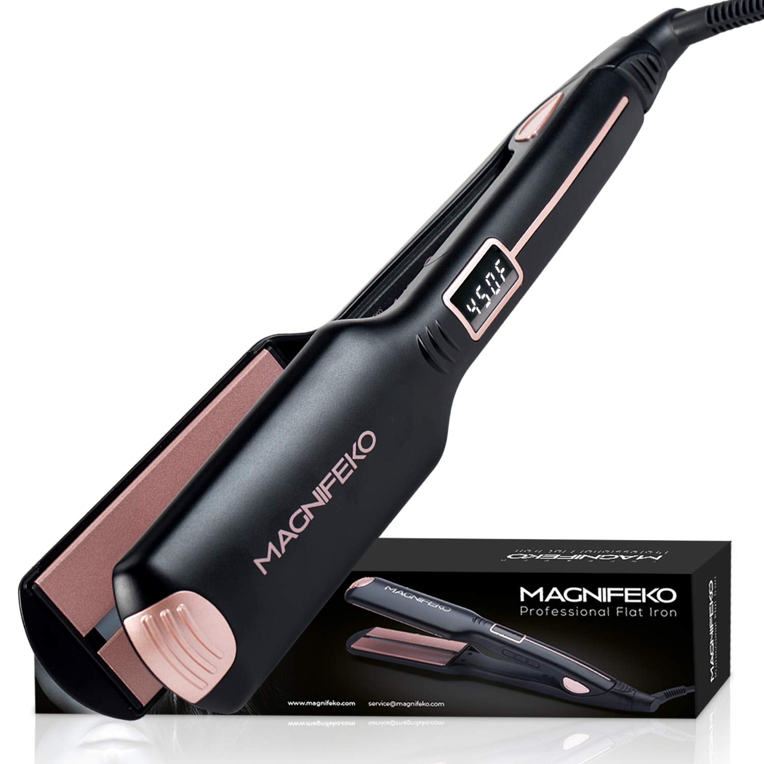 Magnifeko Professional Flat Iron Hair Straightener Wide Plate & Digital Display - Dual Voltage Titanium Hair Straighteners (Blac