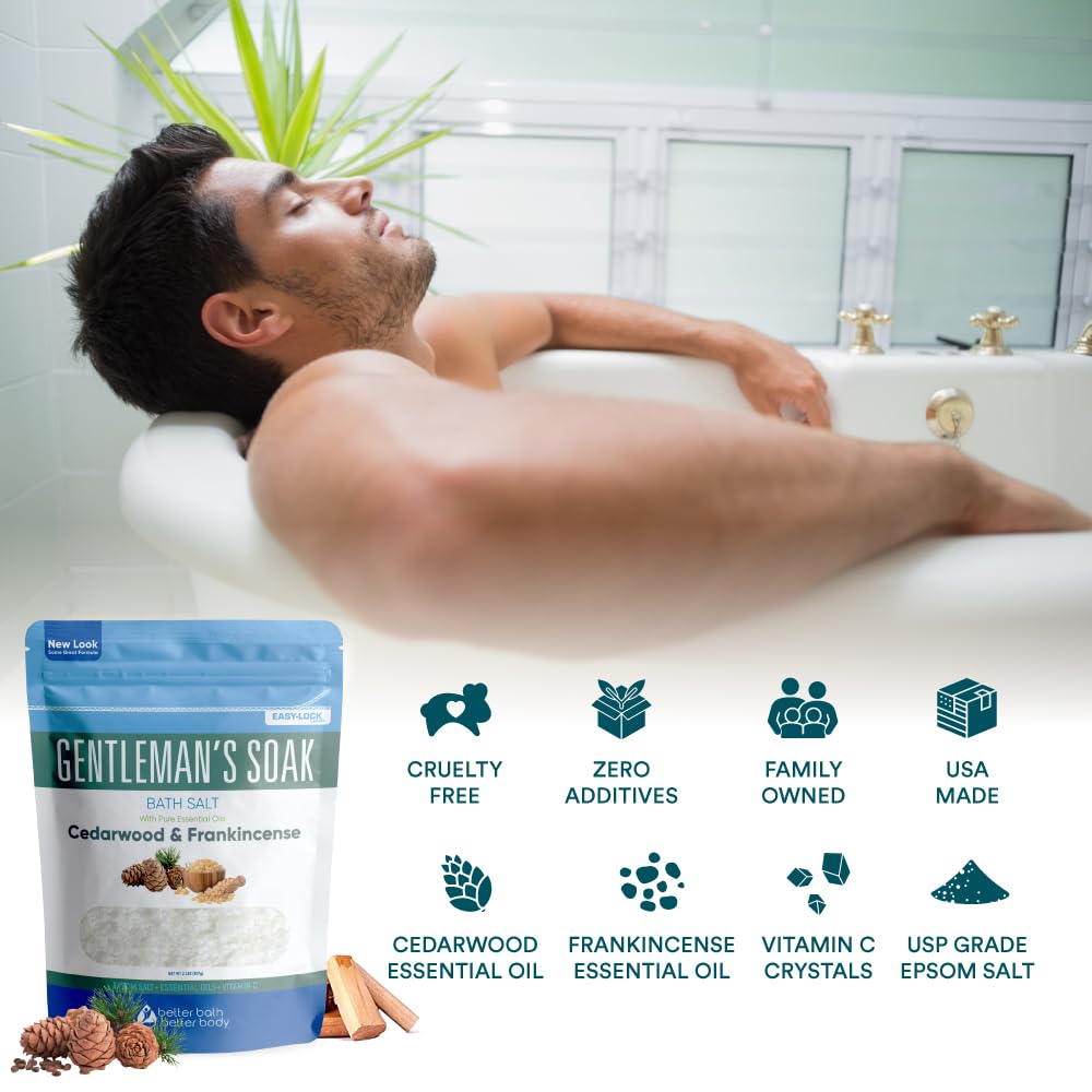 Gentlemans Bath Salt 32 Ounces Epsom Salt With Natural Cedarwood, Frankincense, Eucalyptus And Peppermint Essential Oils Plus Vi