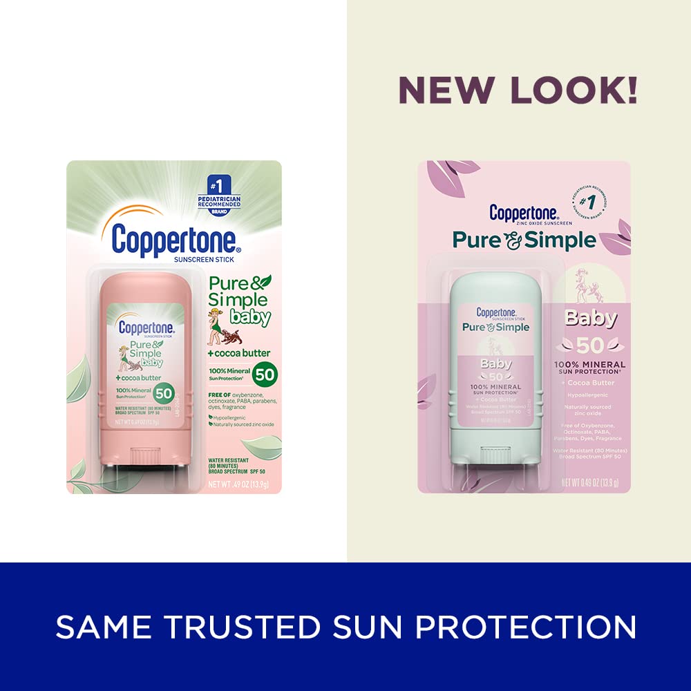 Coppertone Pure And Simple Baby Sunscreen Stick Spf 50, Zinc Oxide Mineral Sunscreen For Babies, Tear Free, Water Resistant, Bro